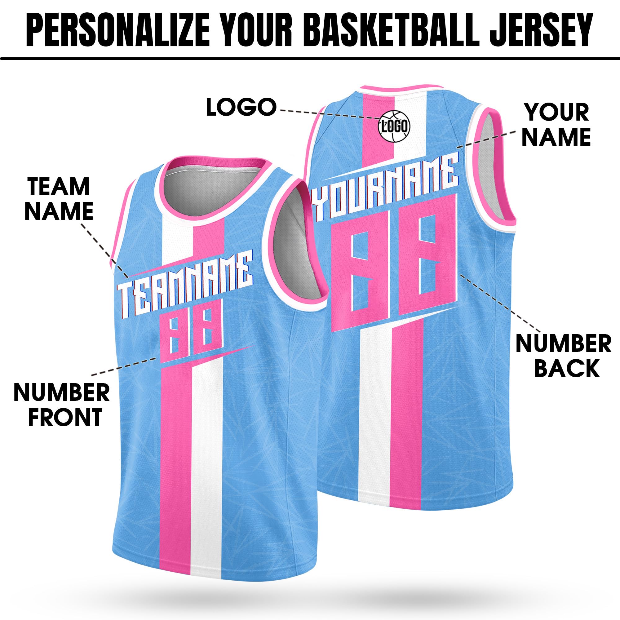 Custom Basketball Jersey for Men Women Youth Kid, Personalized Basketball Jersey with Name Team Number Logo for Fans Players, Customize Basketball Practice Jersey Shirt Blue Pink Color