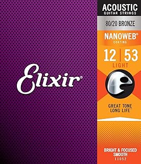 ELIXLR Strings 80/20 Bronze Acoustic Guitar Strings w NANOWEB Coating, Light (.012-.053)
