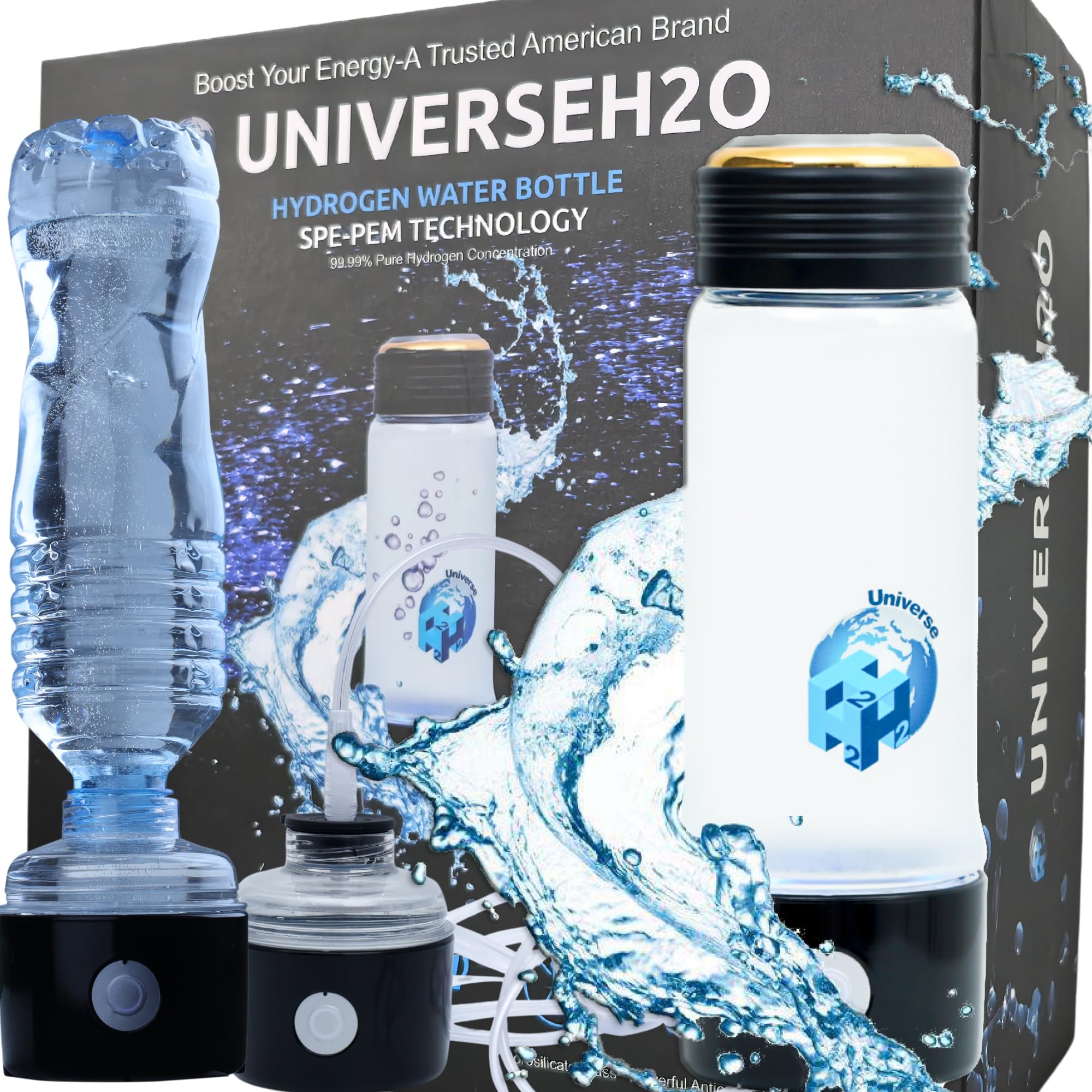 UniverseH2O Hydrogen Water Bottle Generator 400ml – Glass SPE PEM Tech, Up to 2800+ PPB Molecular Hydrogen Generator with Nasal Cannula, Rechargeable,