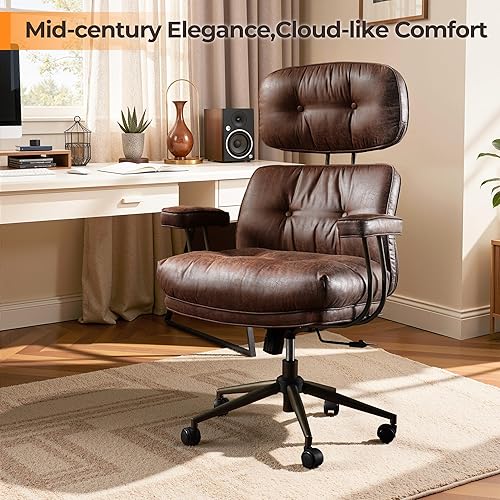 Miniatura 3 de Silla de oficina ergonómica cómoda con soporte lumbar, respaldo alto, silla de escritorio ejecutiva con ruedas de cuero de ante marrón oscuro para