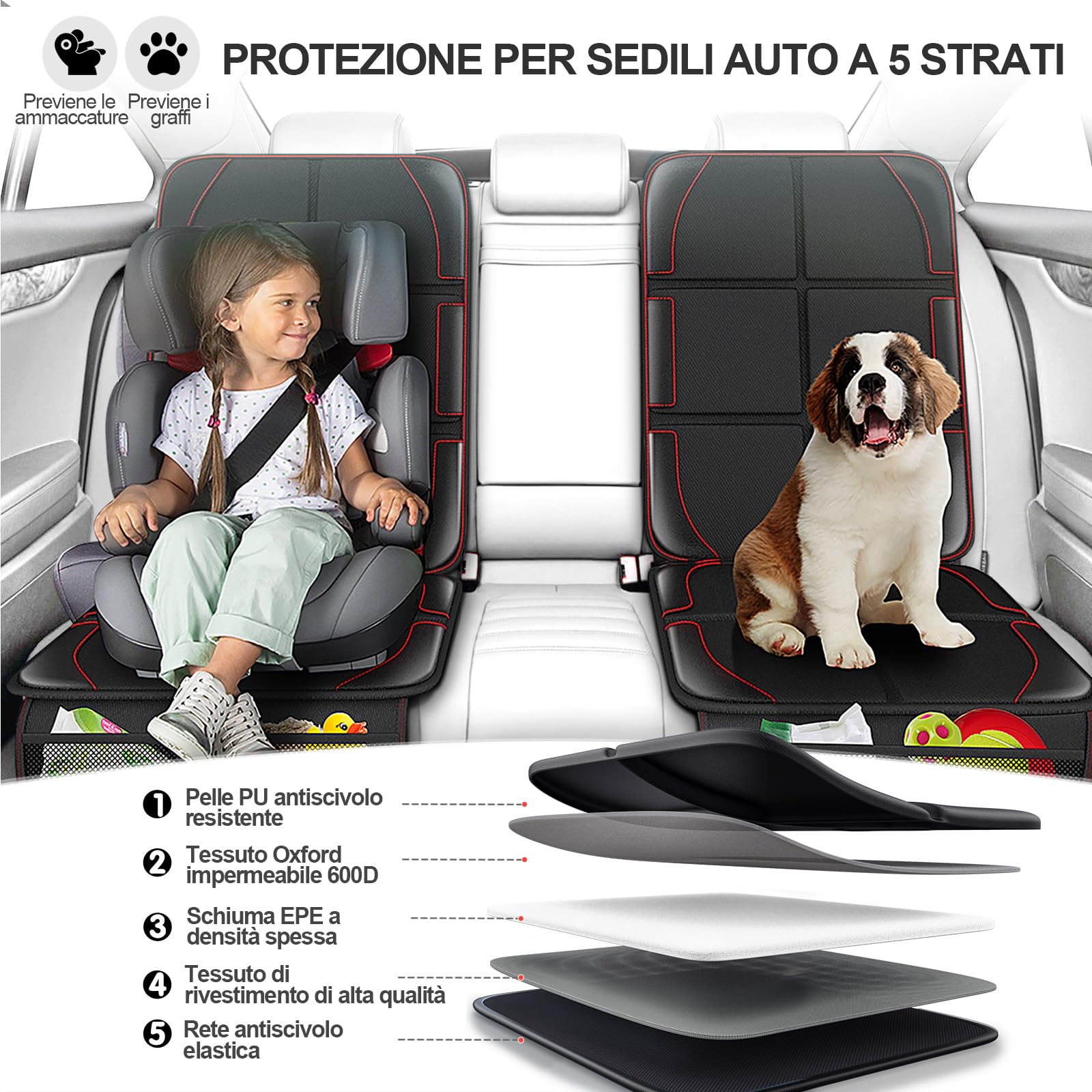 Gimars 2PCS Protettore di Sedili Auto, Compatibile ISOFIX, Antiscivolo Impermeabile Coprisedili Auto Bambini, Tessuto 600D Proteggi Sedile Auto con 2 Tasche in Rete per Pet SUV Berline Camion