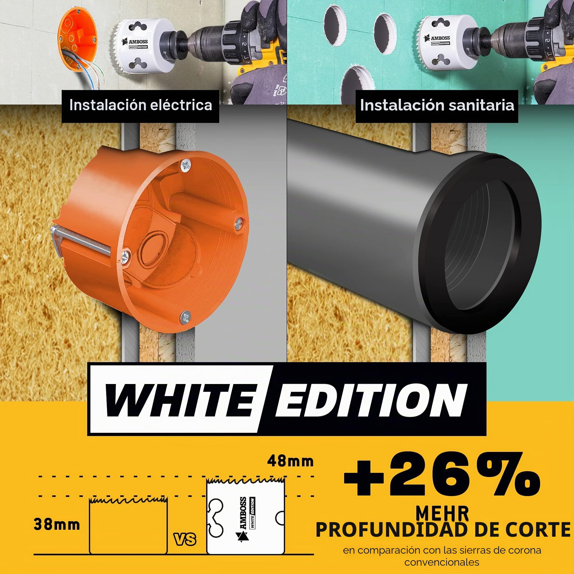 Amboss M 42 Juego de sierras bimetálicas de 19 a 83 mm de diámetro (17 piezas), para aluminio, acero, paneles de yeso, madera, etc. / White Edition 17 Universal Power Set