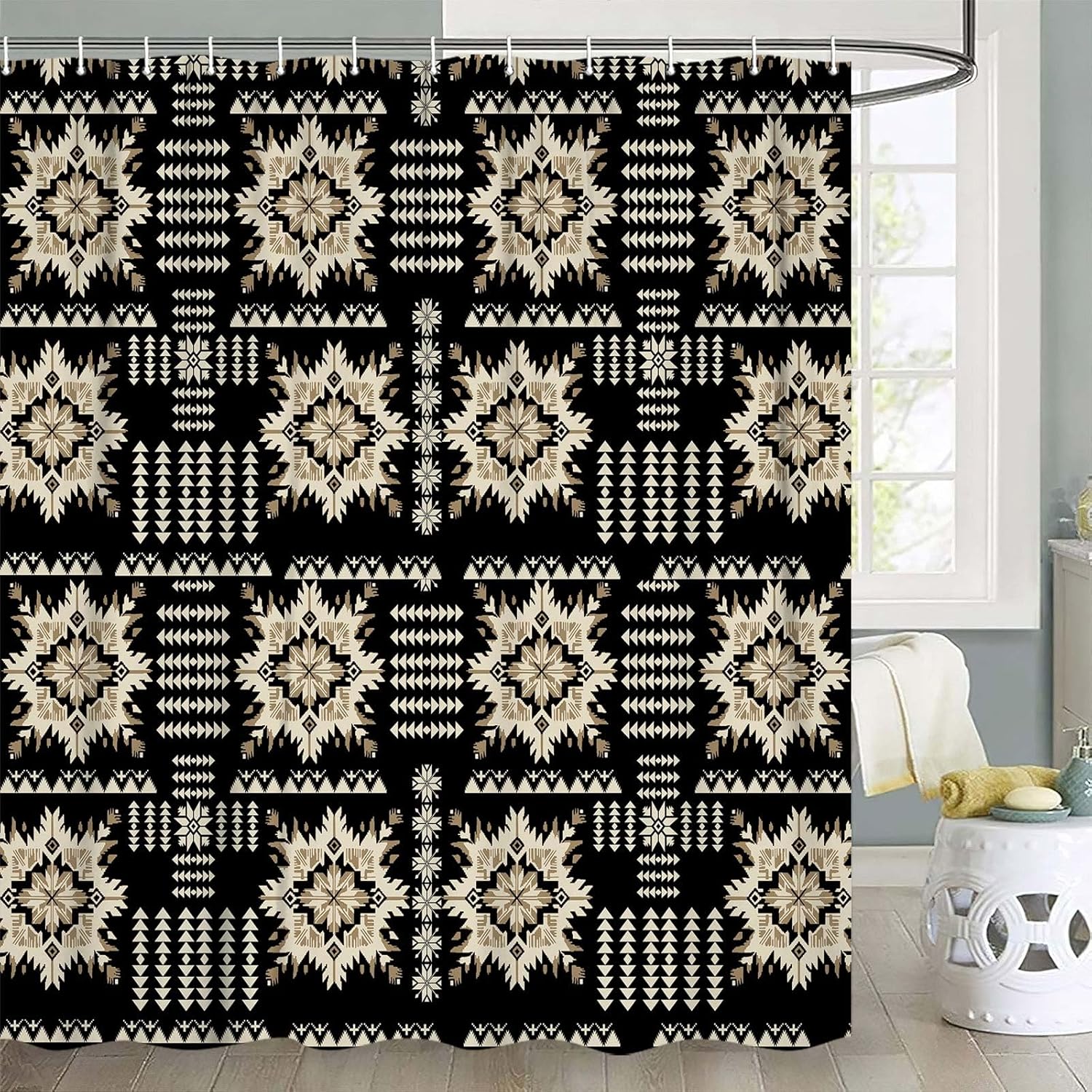 JAWO Western Shower Curtain Native Aztec Tribal Bull Skull Southwestern Bohemian Geometric Pattern Black Bathroom Decor Aztec Shower Curtain with Hooks