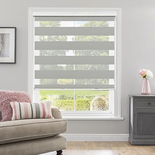 Allbright Persianas de doble capa (25 pulgadas de ancho x 72 pulgadas de alto, color gris) a rayas, persianas traslúcidas para control de luz día y