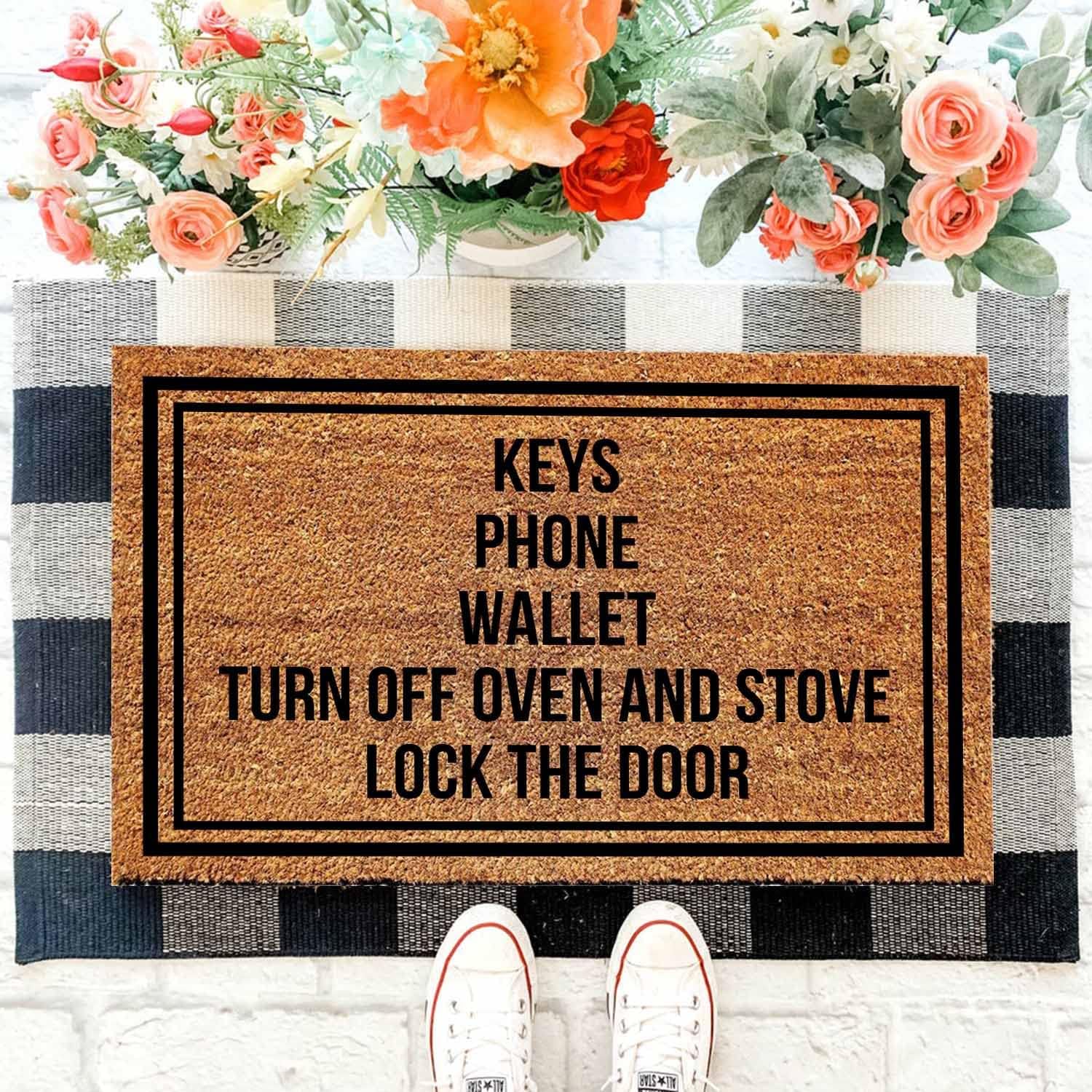 Funny Coir Doormat Keys Phone Wallet Turn Off Oven And Stove Lock The Door Welcome Front Porch Decor Doormat For The Entrance Way Personalized Rugs Outdoor Coconut Coir Funny Doormat 23.6 x 15.7 inch
