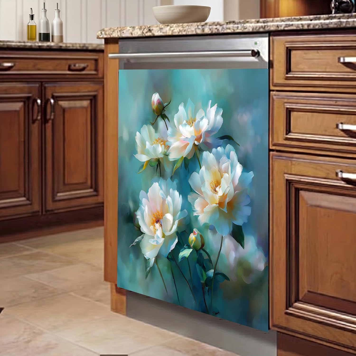 White Peony Floral Dishwasher Magnet Cover 23 x 26 Inch, Teal Botanical Magnetic Dishwasher Door Cover, Oil Painting Style Flower Appliance Front Panel Decor for Kitchen image 4