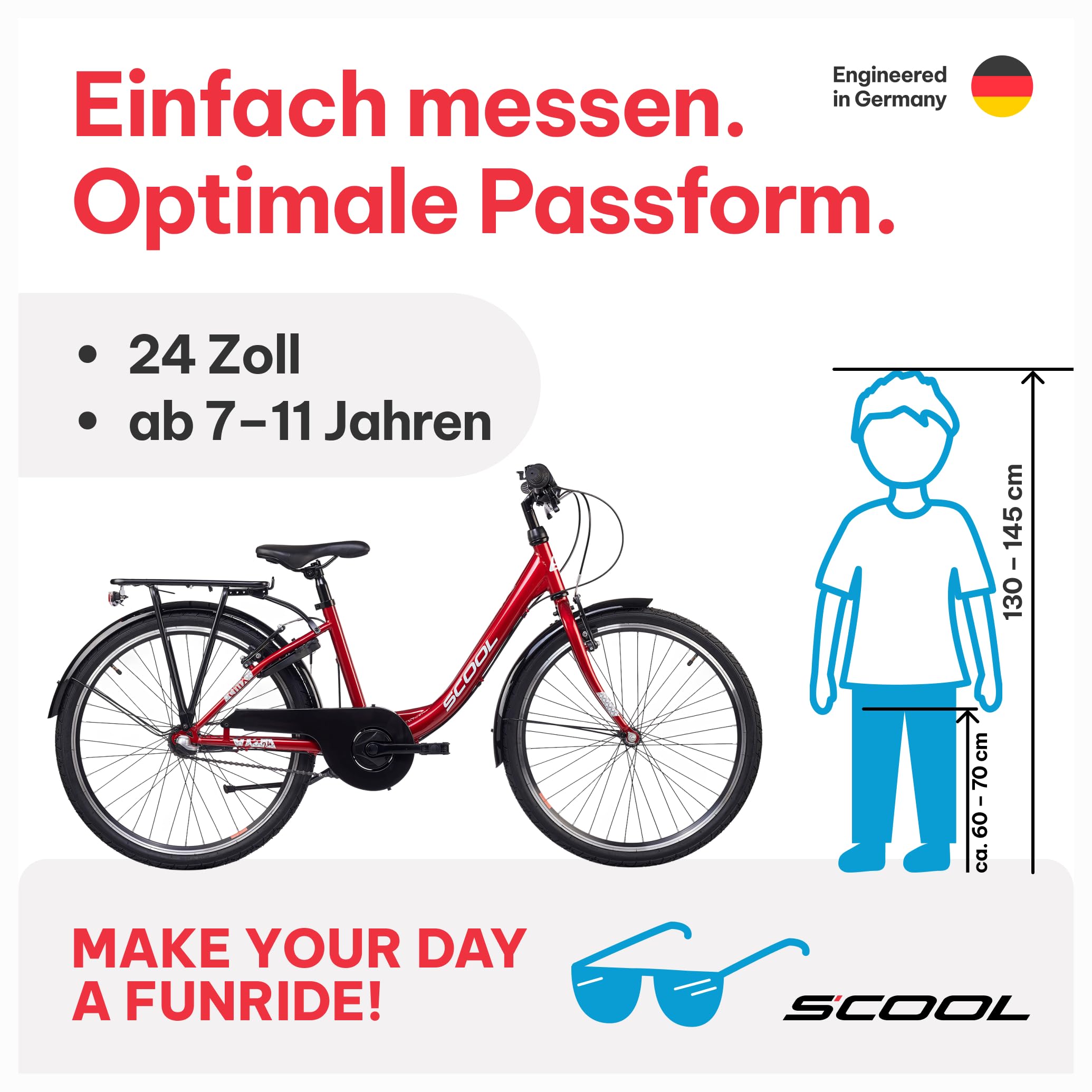 S’COOL Kinderfahrrad 20, 24, 26 Zoll, 3-Gang Nabenschaltung mit Rücktrittbremse, Chix, Körpergröße 115–165 cm, 6–14 Jahre, sicher für Schulweg, für Jungen & Mädchen