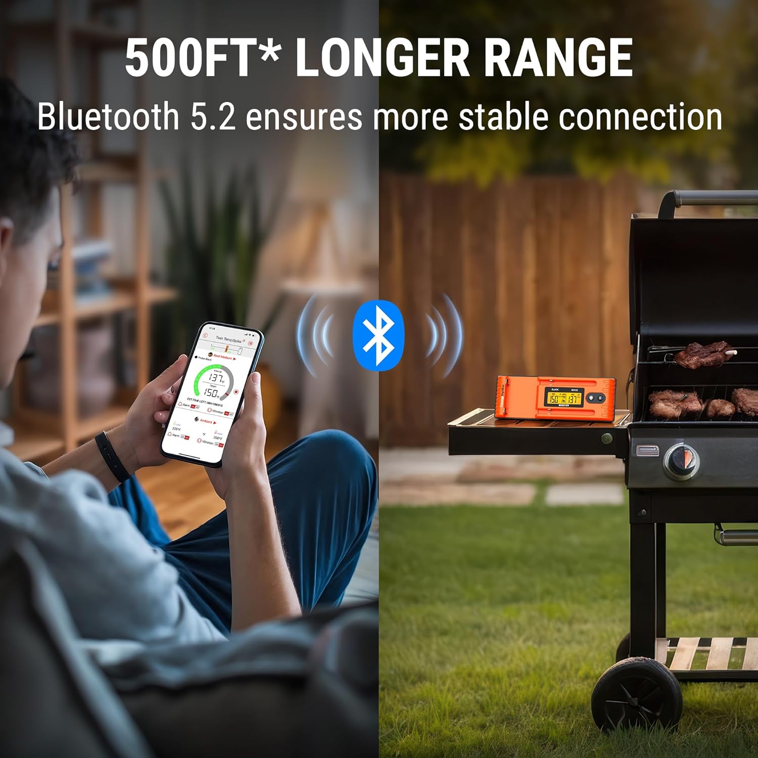 Person monitoring grill with smartphone and TempSpike booster