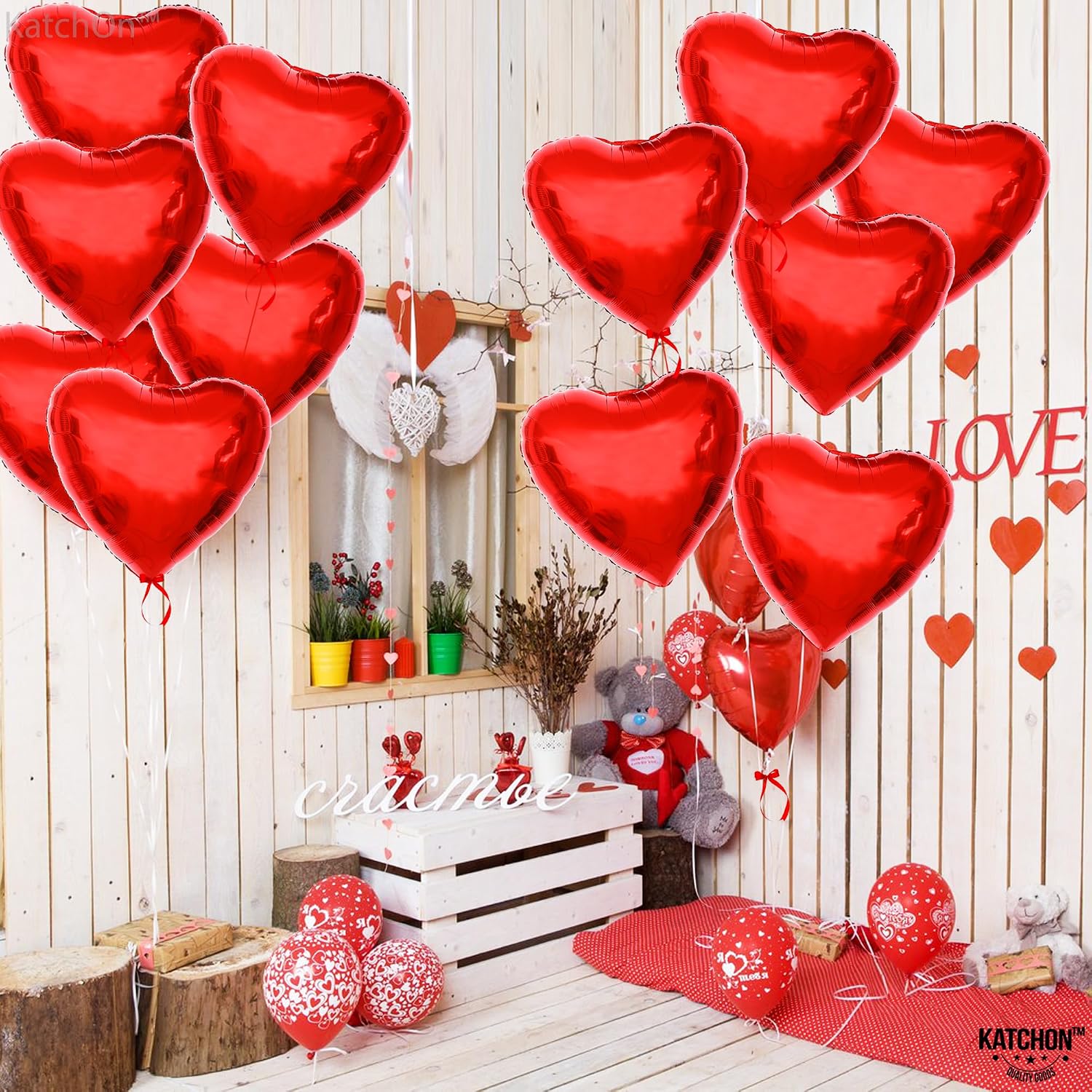 KatchOn, Big Red Balloons Set - 44 Inch, Pack of 13, Red Foil Heart Balloons | Valentines Day Decorations | Valentines Balloons for Romantic Decorations Special Night | Galentines Day Decorations