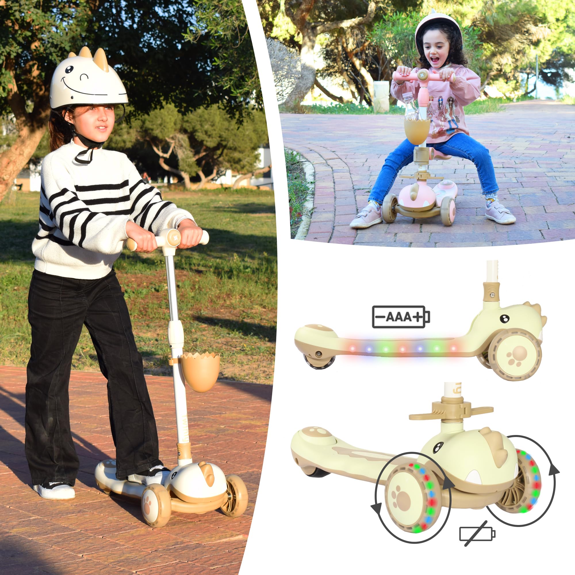 Twinly Dinly Kinderroller 3 in 1 mit Sitz, Helm & LED-Rädern, Weiß | Klappbar, Elternlenkstange, Bis 30 kg