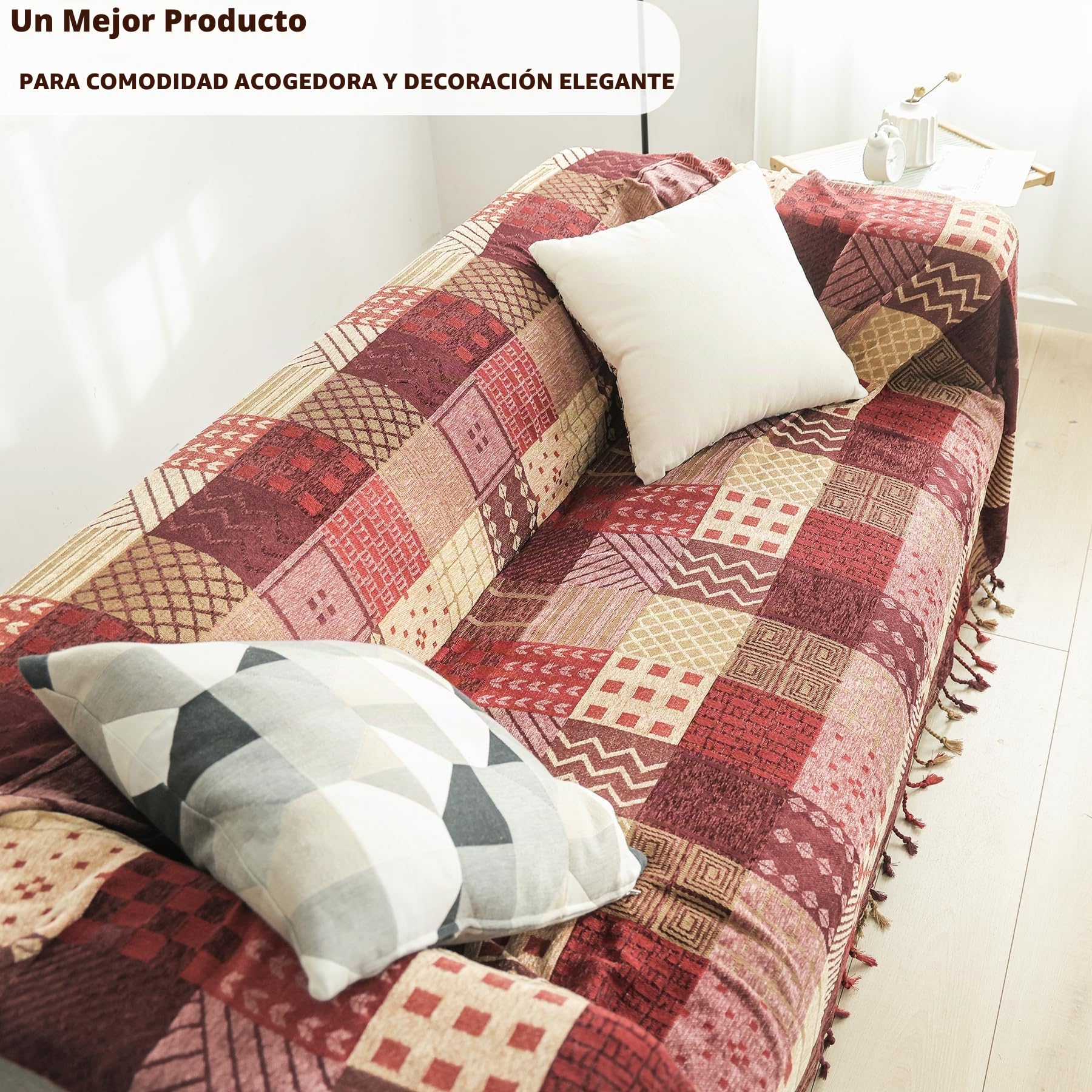 VANJOROY Manta grande de patchwork de estilo bohemio con borlas para sofá de 2 y 3 plazas, 100 % chenilla, suave, multifuncional, para sofá, colcha, alfombra y cama (150 x 190 cm)