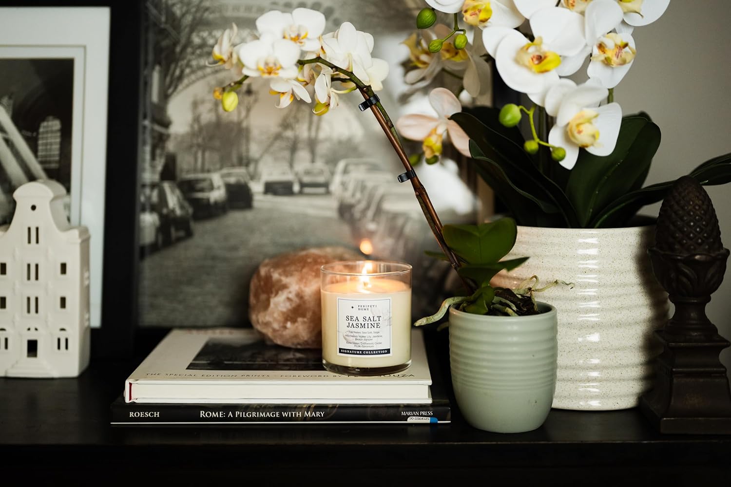 PERIPETI Home Sea Salt + Jasmine Scented Candle - Classic Wick, 8.5oz Natural Soy Wax for Calming Coastal Aromatherapy - Long-Lasting Fresh Fragrance for Home or Gift