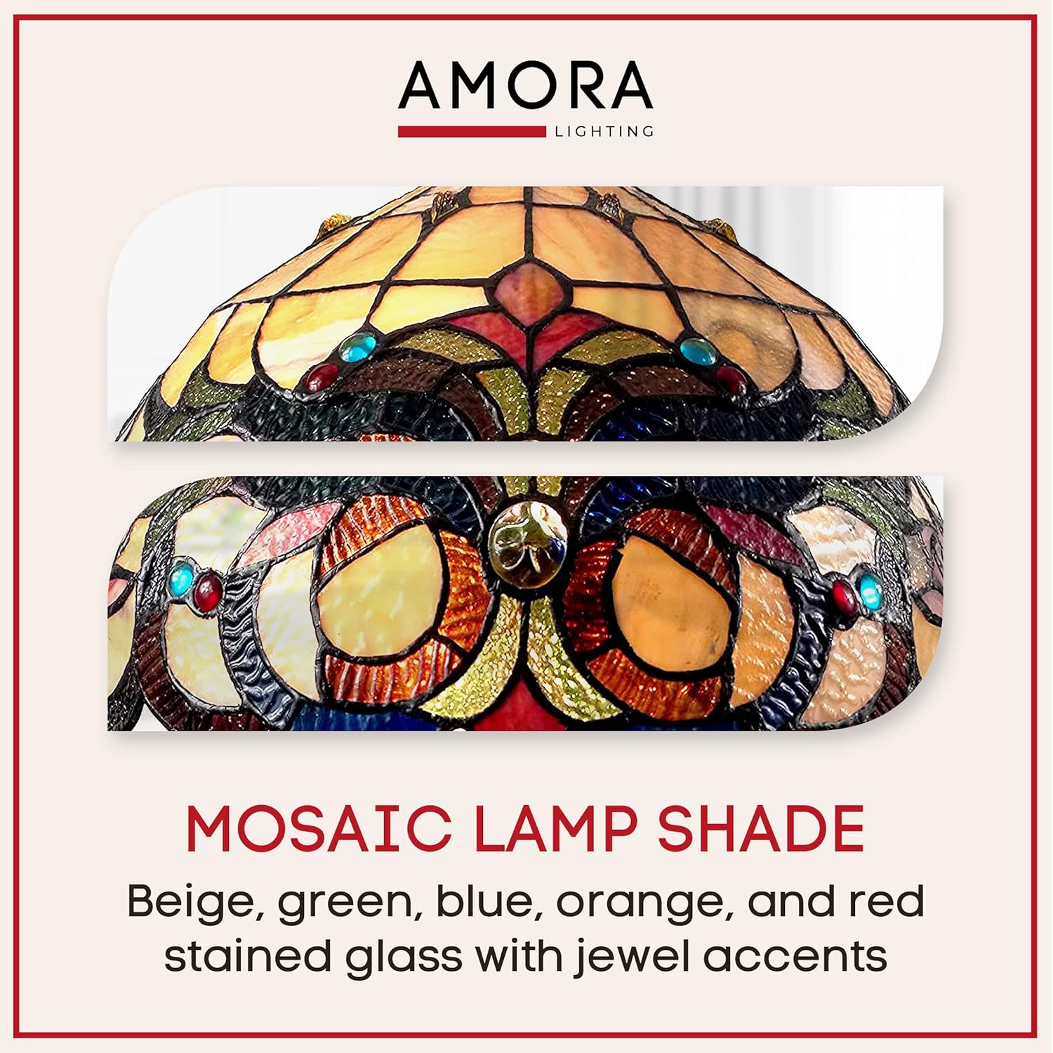 Amora Vintage Tiffany Table Lamp - Geometric Jewel Table Night Light - Multicolor Glass Nightstand Lamp - 24” Tall Stained Glass Lamp