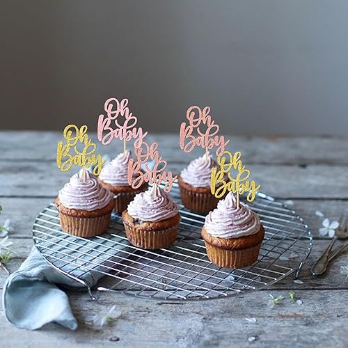 Miniatura 4 de 24 piezas Oh Baby Cupcake Toppers Oro Rosa Oro Rosa Brillantina Baby Shower Cupcake Picks para el tema de revelación de género Baby Shower Niños
