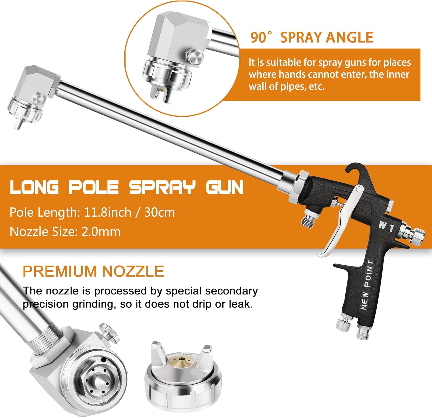 30cm Extension Long Pole Spray Angle Air Spray Gun - Pressure Feed Paint Gun High Efficiency for House Automotive Painting (Nozzle Size 2.0mm, 90 Spray Angle)