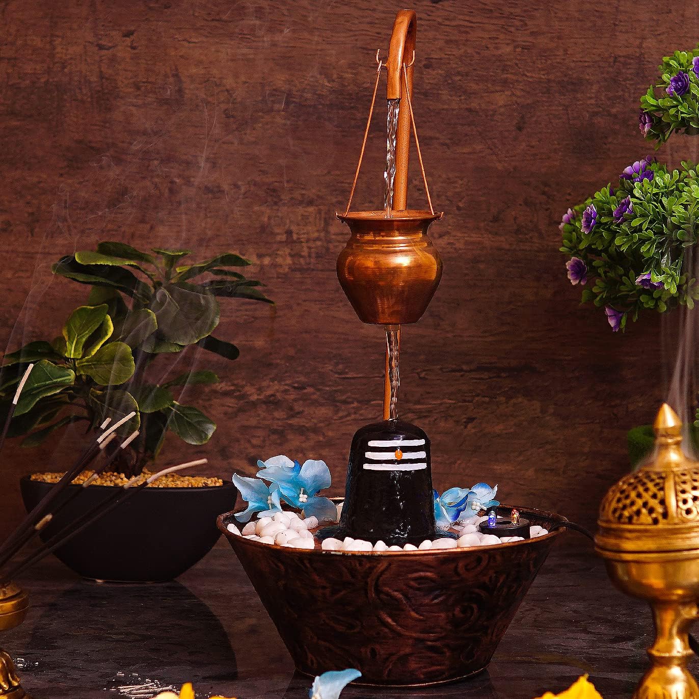 Shiva Shivling Waterfall Fountain, Aromatic Mahadev Water Fountain, Lord Shiva Idol Shivling Incense Holder, Led Lights Home Decor, Temple, Office (17X9 Inch)-image-44