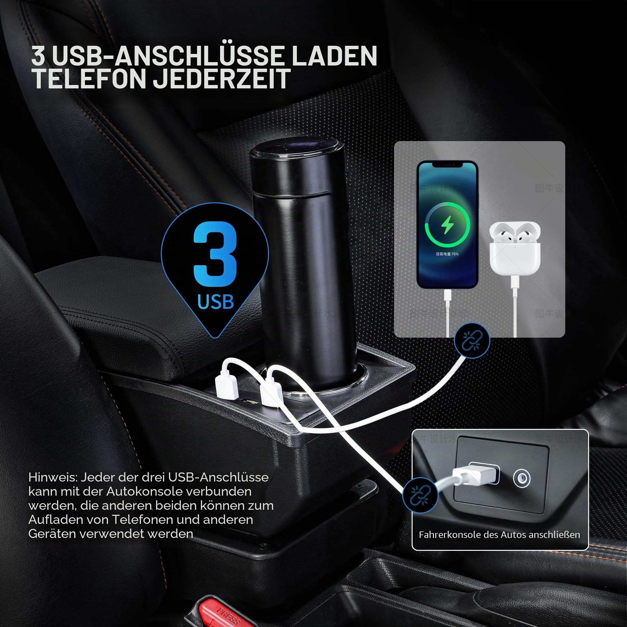 Auto Armlehnen für Opel Astra H Mittelarmlehne | Zweistufiger Stauraum, Mit Getränkehalter, 2 USB-Anschlüsse, Einfache Montage, PU-Leder, Schwarze Nähte