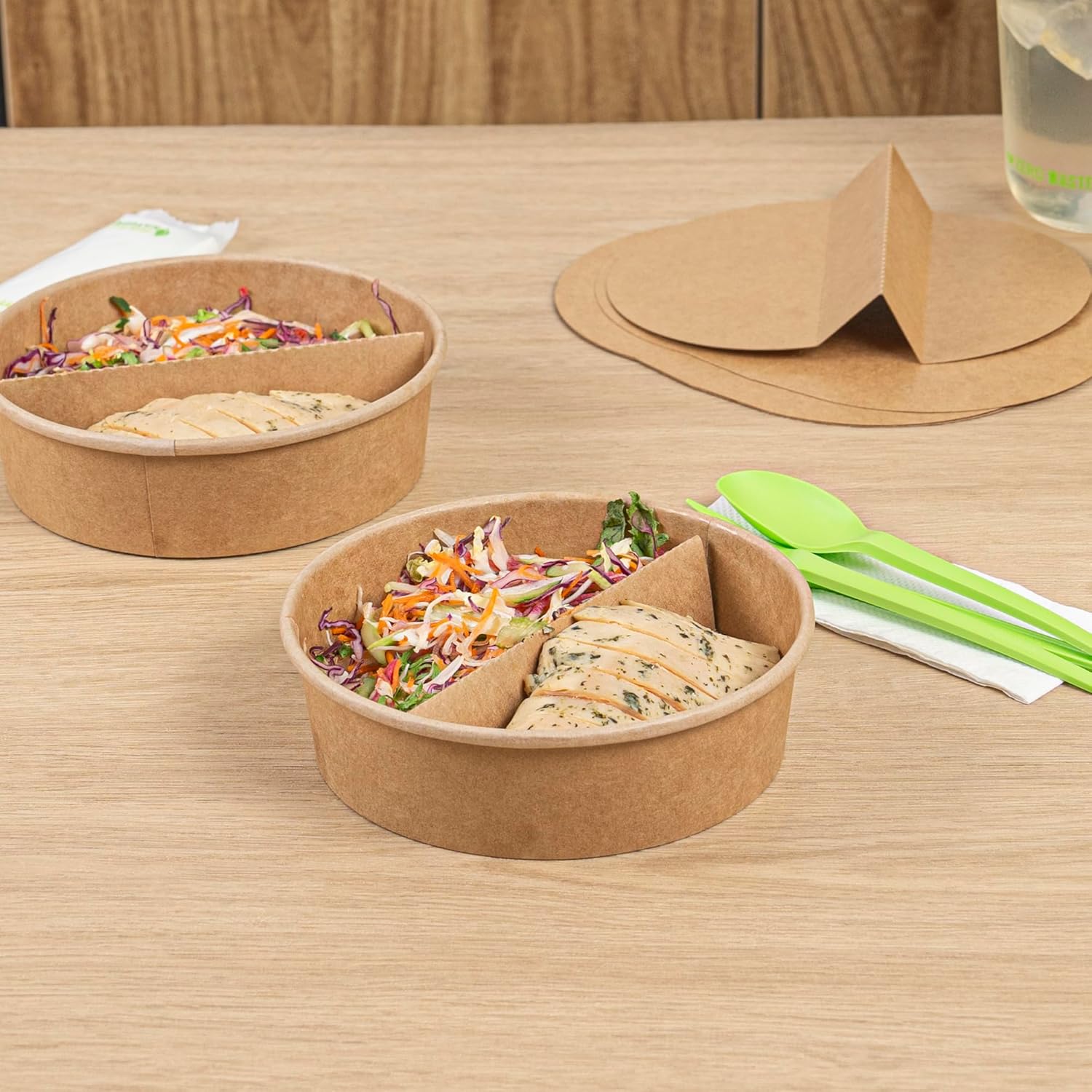 Restaurantware-Bio Tek 9.6 x 5.9 Inch Inserts For Take Out Containers, 200 Disposable Inserts For Food Boxes - Containers Sold Separately, 2 Compartments, Kraft Paper Food Insert Trays, Microwavable