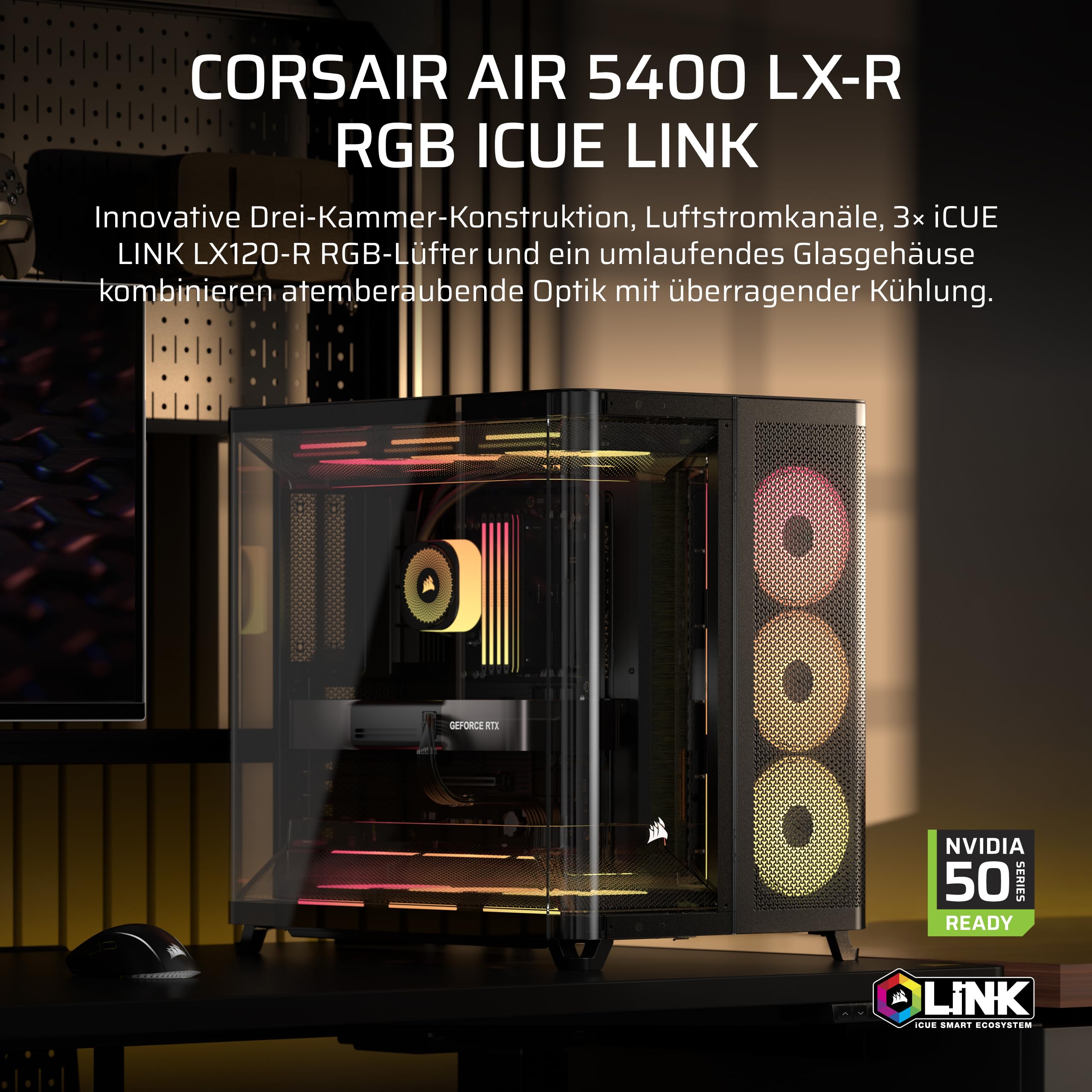 CORSAIR AIR 5400 LX-R RGB iCUE LINK Mid-Tower PC-Gehäuse – Schwarz | Dreifach-Kammer, 3x Vorinstallierte Reverse-Rotor LX-R RGB-Lüfter, Reverse Motherboard-Unterstützung