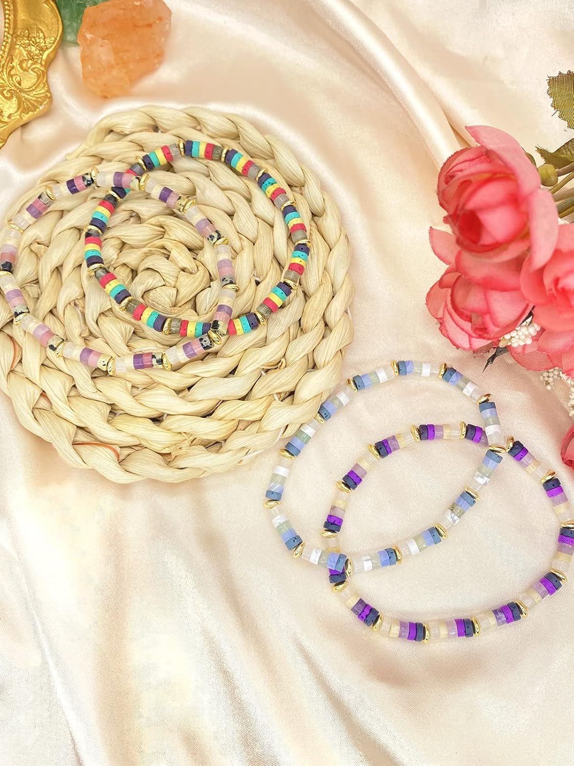 Gemstone Crystal Beaded Bracelets Amethyst Jade Quartz Lava Natural Stretch African Jewelry Y2K Colorful Handmade Bracelet for Women Teen Girls (7.5inch, Grey Bracelet) (7.5inch, jade) - Image 6