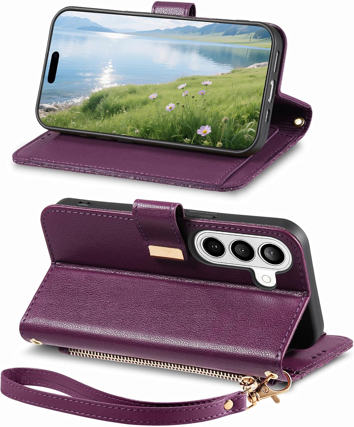 for Samsung Galaxy S26 Plus Wallet Case,PU Leather Flip Cover with Card Slots Kickstand Zipper Coin Pocket,Floral Embossed PU Leather Protective Cover Purse for Women Girls 6.7 Inch Deep Purple