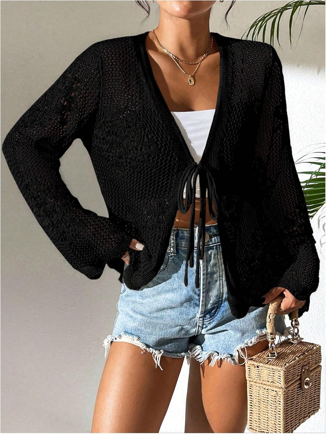 Floerns Women's Tie Front Crochet Lightweight Long Sleeve Cardigan Sweaters Boho Beach Hollow Out Lace Cover Up - Image 3