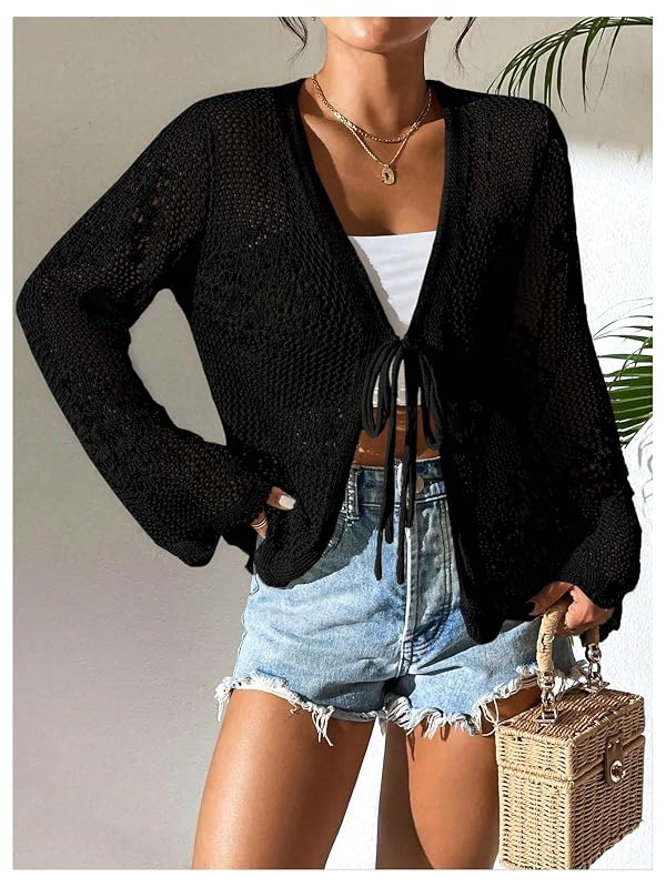 Floerns Women's Tie Front Crochet Knit Long Sleeve Kimono Cardigans Hollow Out Beach Sweaters Boho Tops Black X-Large by Floerns - Used condition - Image 3