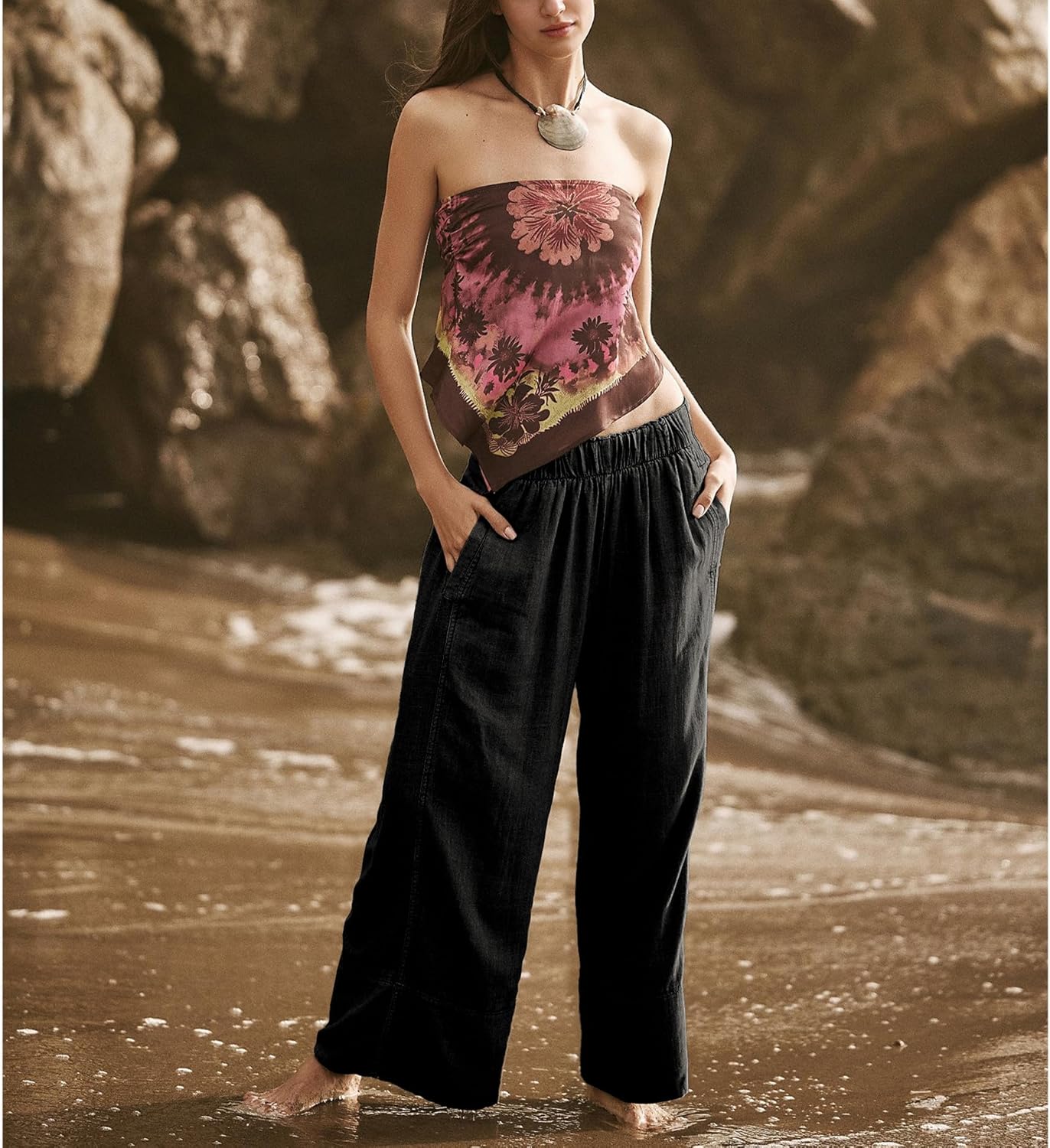 Songling Wide Leg Linen Pants for Women Summer Cotton Casual Palazzo Pant Boho Flowy Beach Pants with Pockets - Image 7
