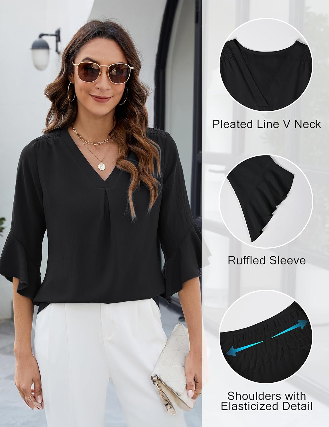 Blooming Jelly Womens 3/4 Length Sleeve Tops Summer Dressy Business Casual Blouses Work Shirts Chiffon V Neck Outfits 2025 - Image 4