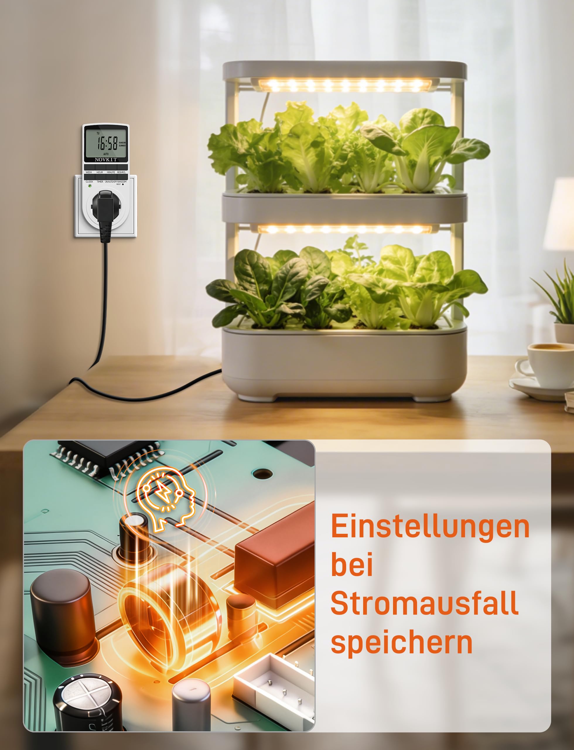 2x NOVKIT digitale Zeitschaltuhr Steckdose mit 10 konfigurierbaren wöchentlichen Programme und einbruchsicheren Zufallsfunktion für Innen (230V / 16A / 3680W)