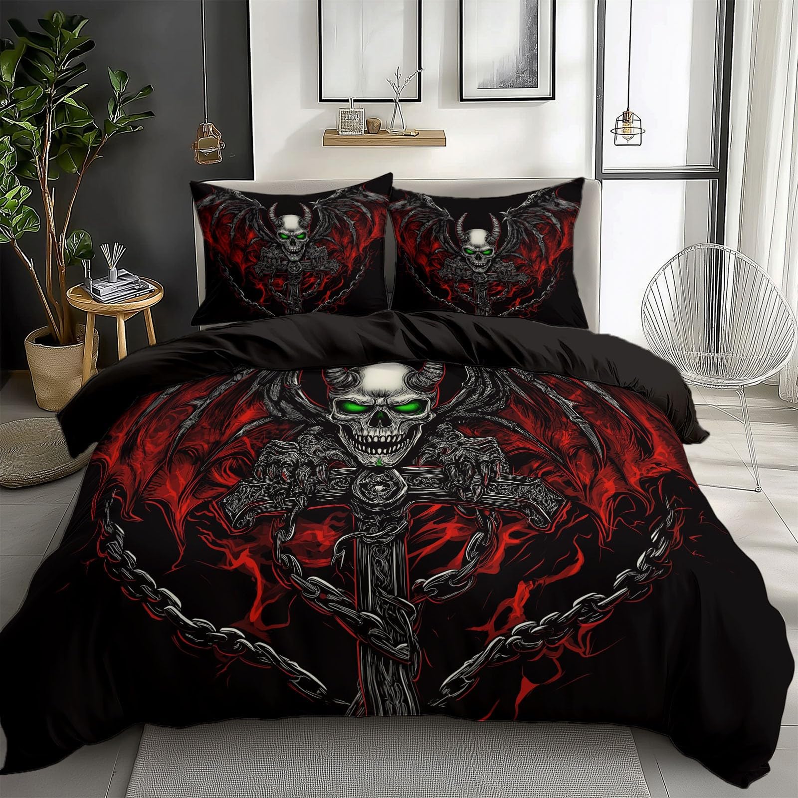 Duvet Cover Twin Size Black Skull Dragon Wings Iron Chain Bedding Duvet Cover Set Room Decor Bedspread Cover Comforter Cover for Kids Teens, Quilt Cover 3D Bedding Set