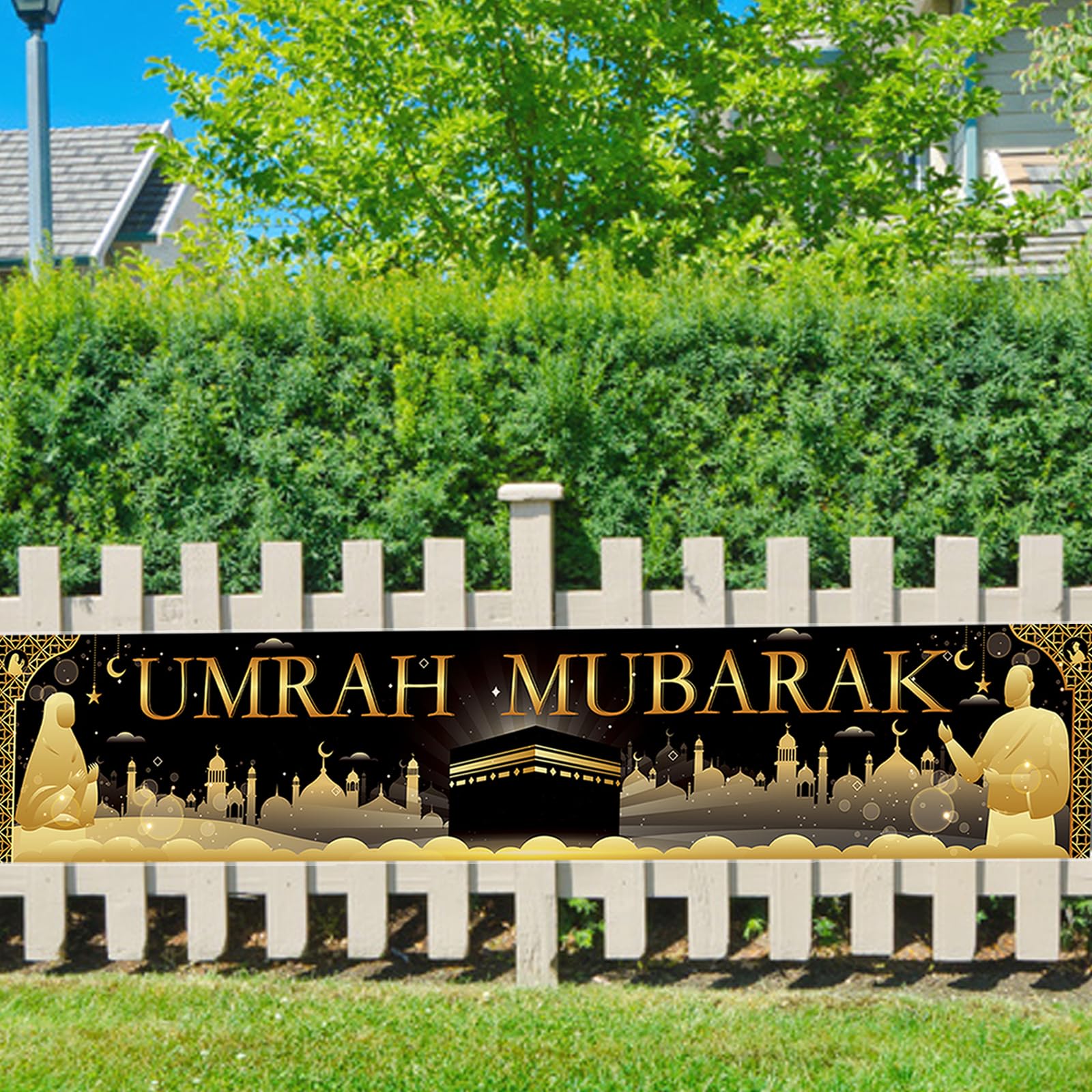 SHCHME Umrah Mubarak Bunner, Gold and Black Ramadan Mubarak Backdrop Muslim Eid Mubarak Decorations Banner for Indoor and Outdoor