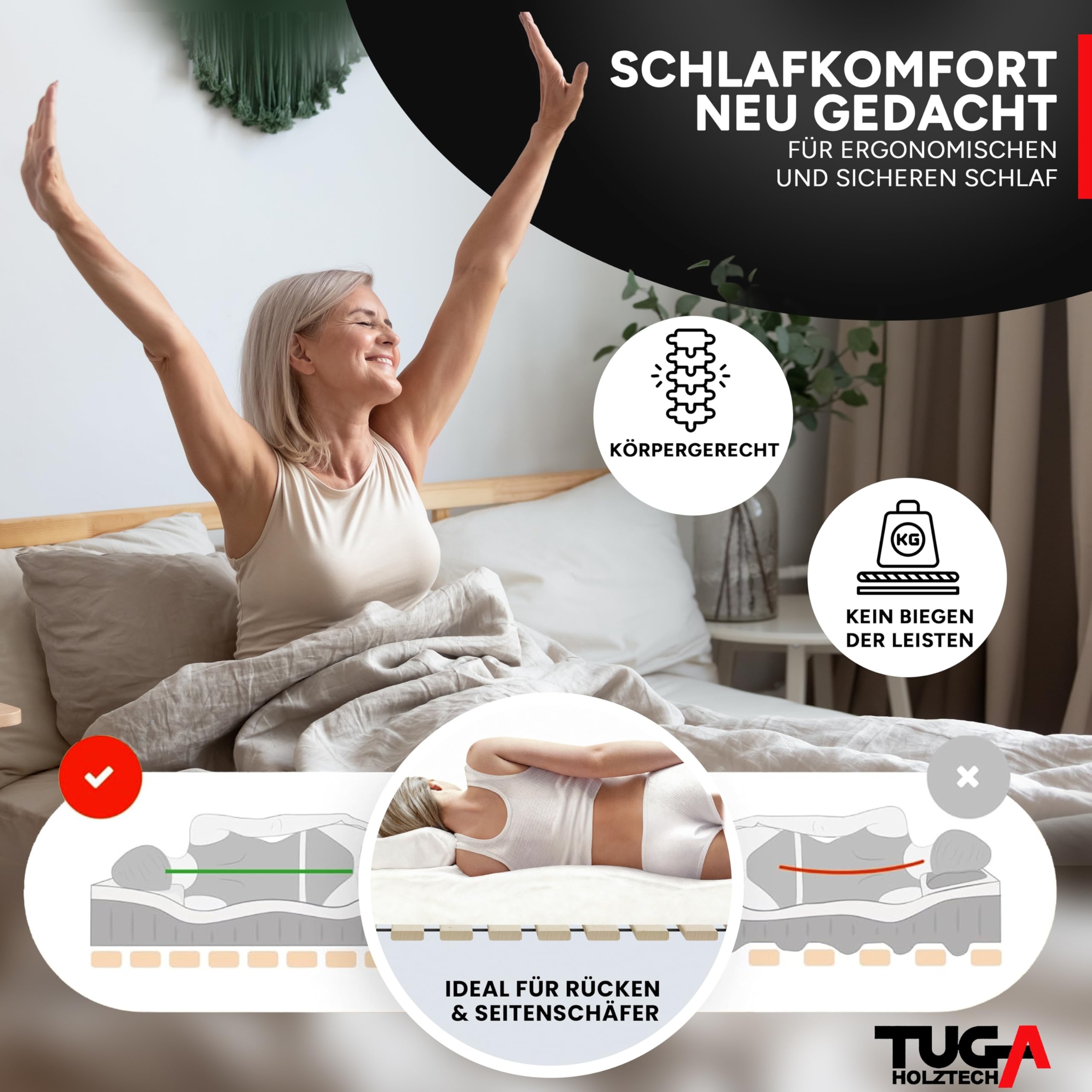 TUGA - Holztech Rollrost 180 x 200 cm 20mm 300kg Lattenrost Rolllattenrost Stabiler Bettrost Qualität aus Deutschland