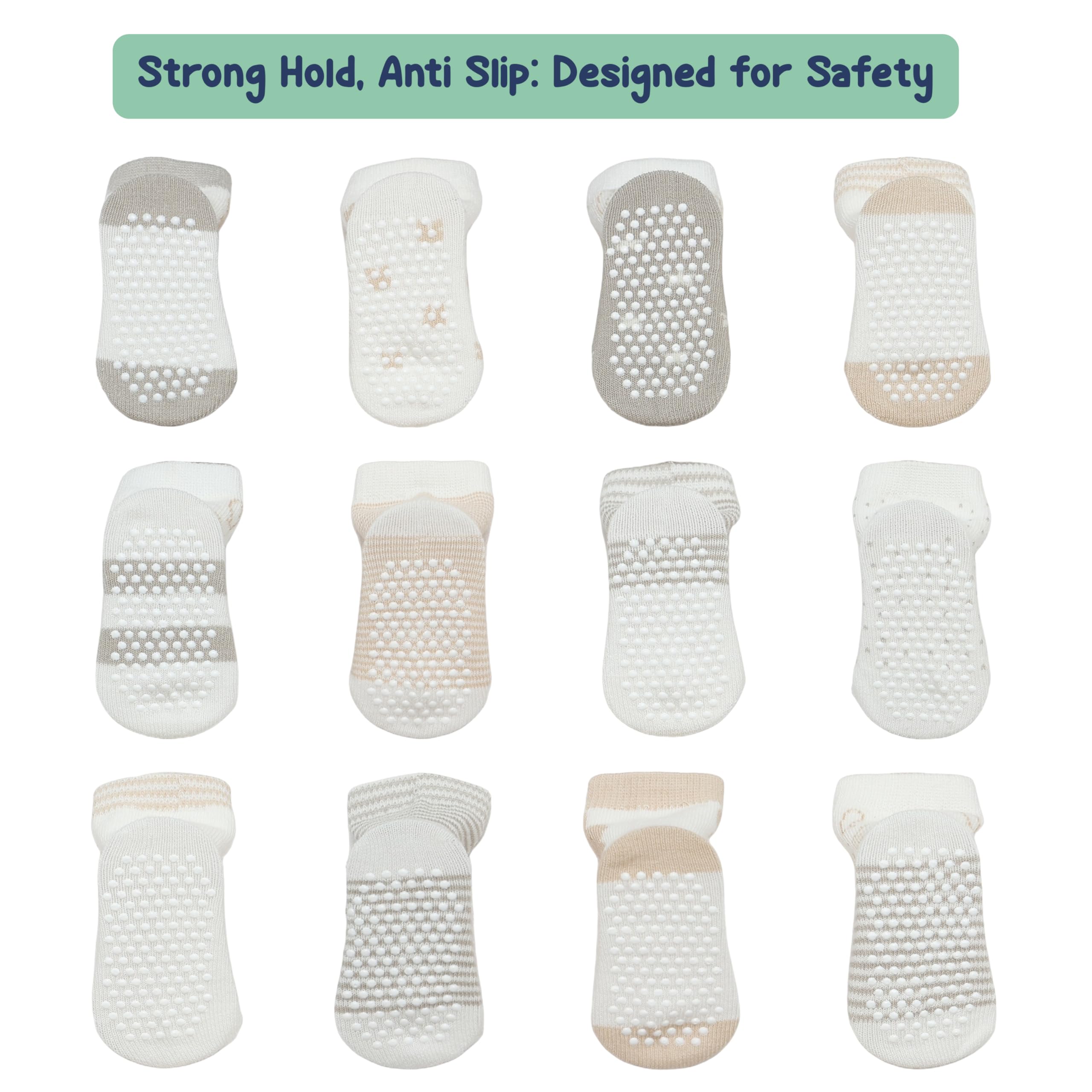 Mother's Choice Lot de 12 paires de chaussettes antidérapantes en coton bio pour bébé de 6 à 12 m