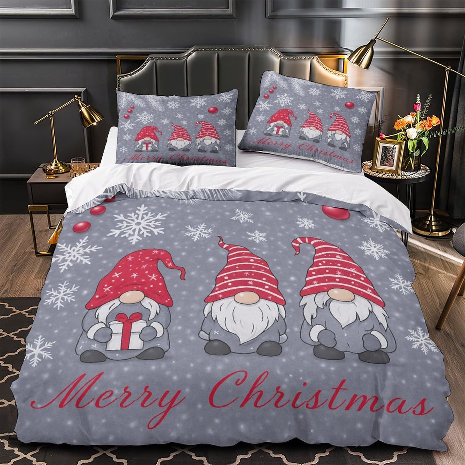 Gnomes de Noël parure de lit 140x200cm en microfibre avec housse de couette imprimée 3D pour enfant