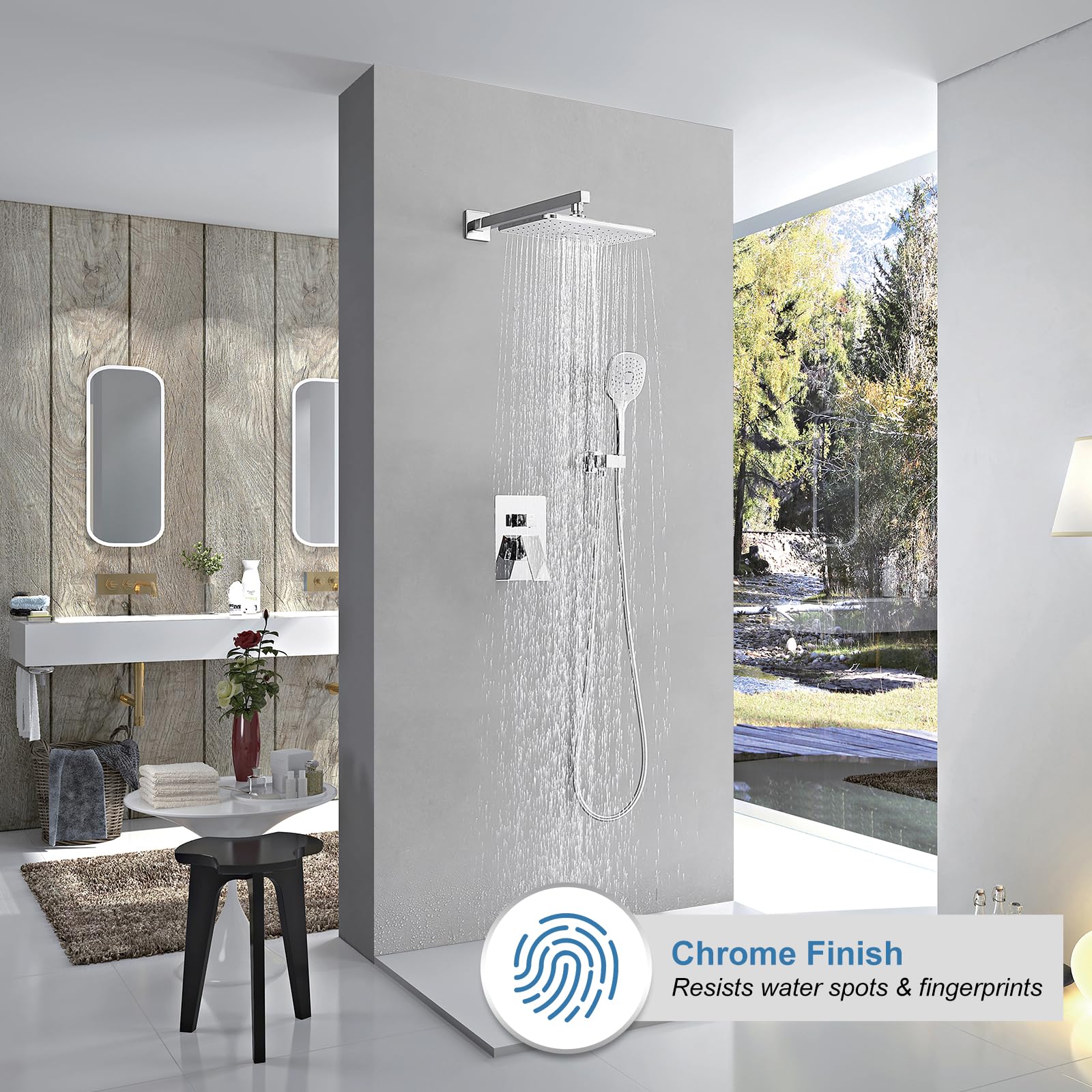 BWE Duschsystem-Set Mit 40,6 Cm Regenduschkopf & Handbrause – Chrom, Quadratisch, Inkl. Mischer & Halterung