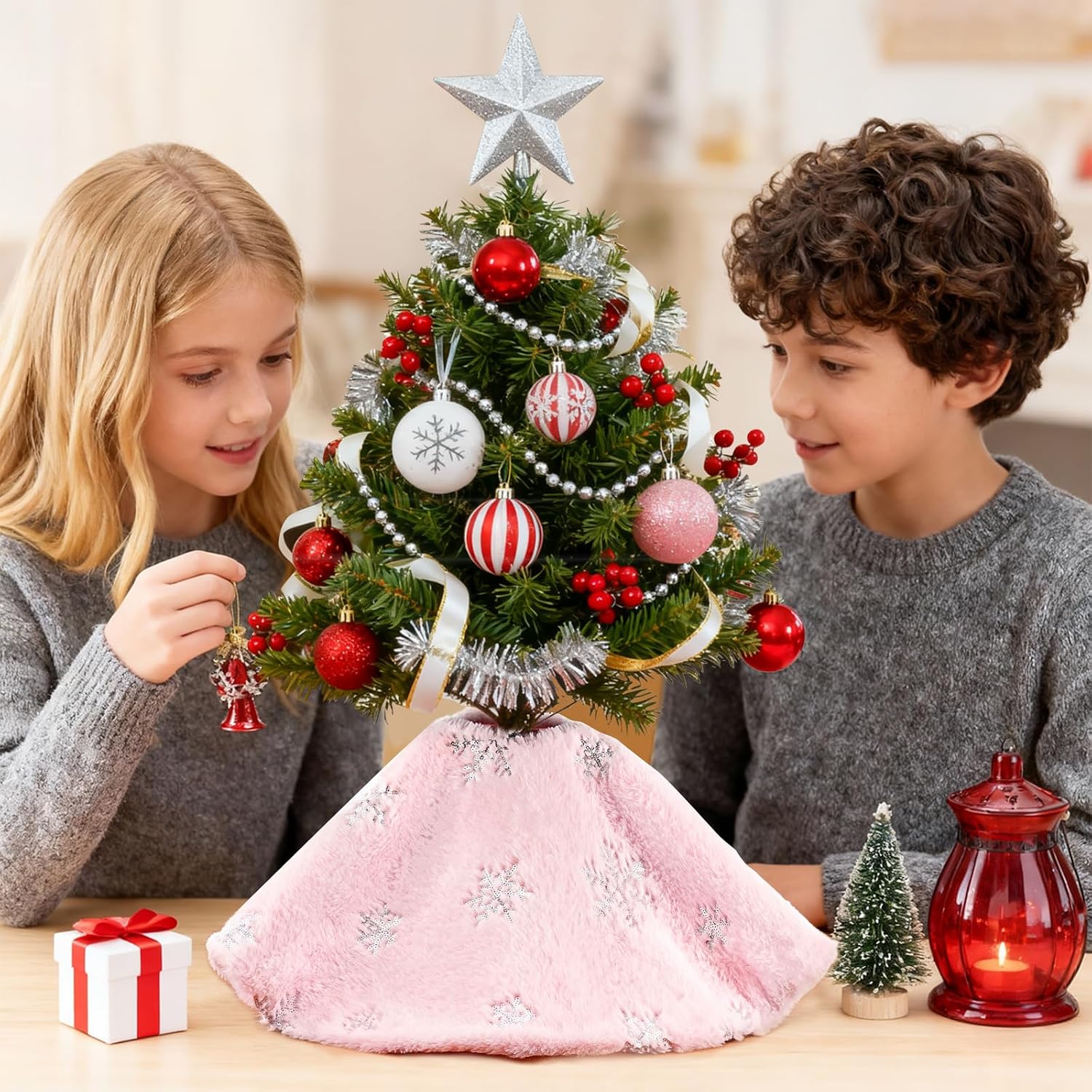 Small Tree Skirt Pink Faux Fur Christmas Tree Skirt 24 inch Double Layers Sequin Snowflakes Shrimp Red Mini Tree Skirt for Xmas Ornaments Pencil Decorations