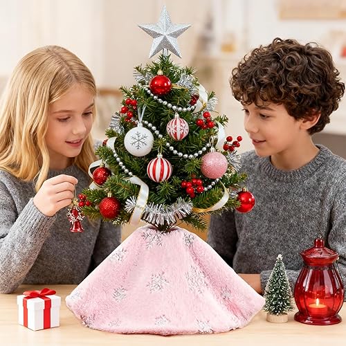 Miniatura 57 de Falda de árbol de Navidad de 48 pulgadas, falda de árbol de piel sintética de lujo con copos de nieve dorados y lentejuelas, alfombrillas grandes