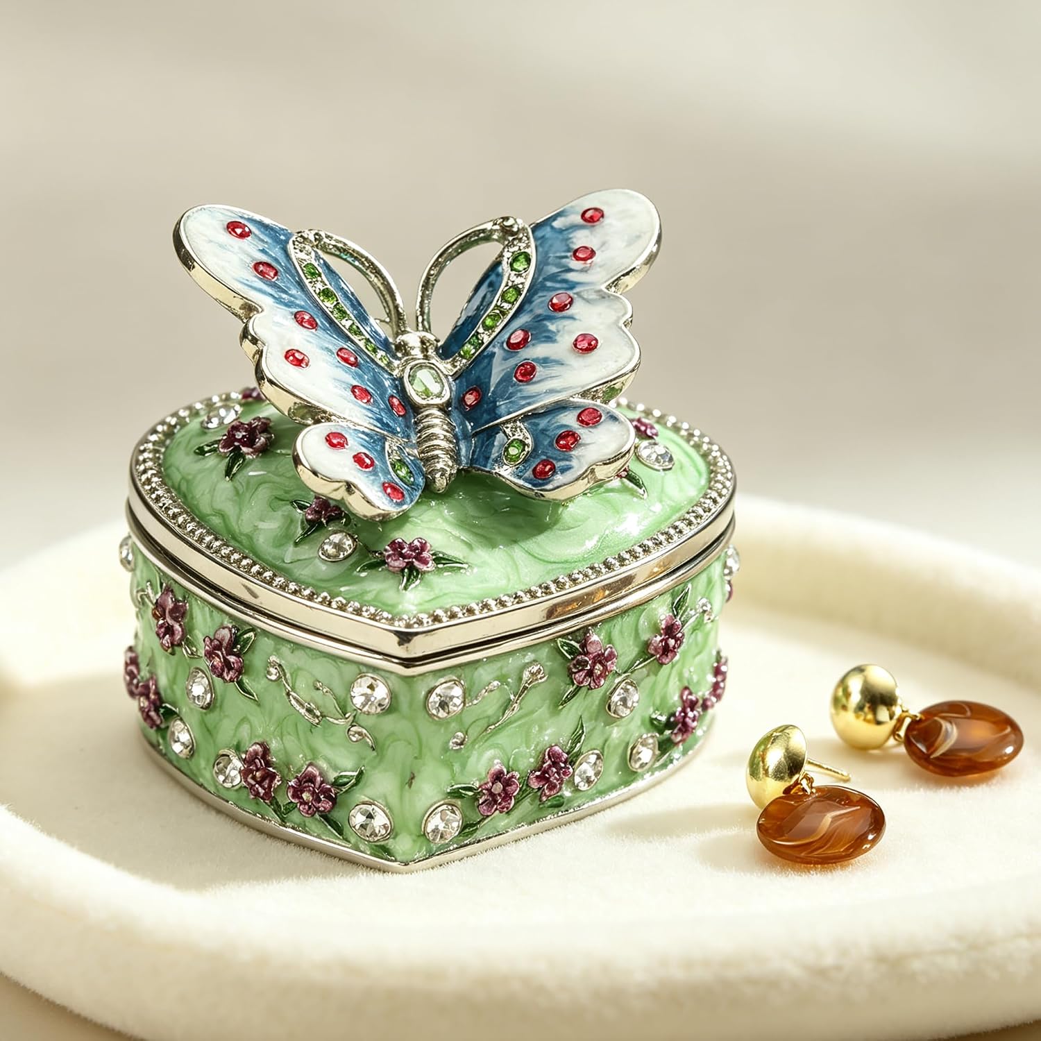 Hand Painted Enamel Trinket Box, Hinged Jewelry Box, Butterfly-Cyan