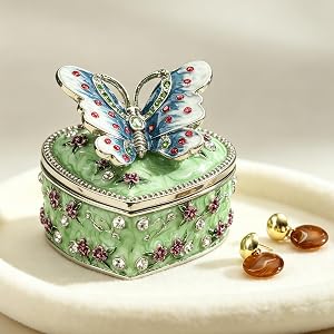 Hand Painted Enamel Trinket Box, Hinged Jewelry Box, Butterfly-Cyan