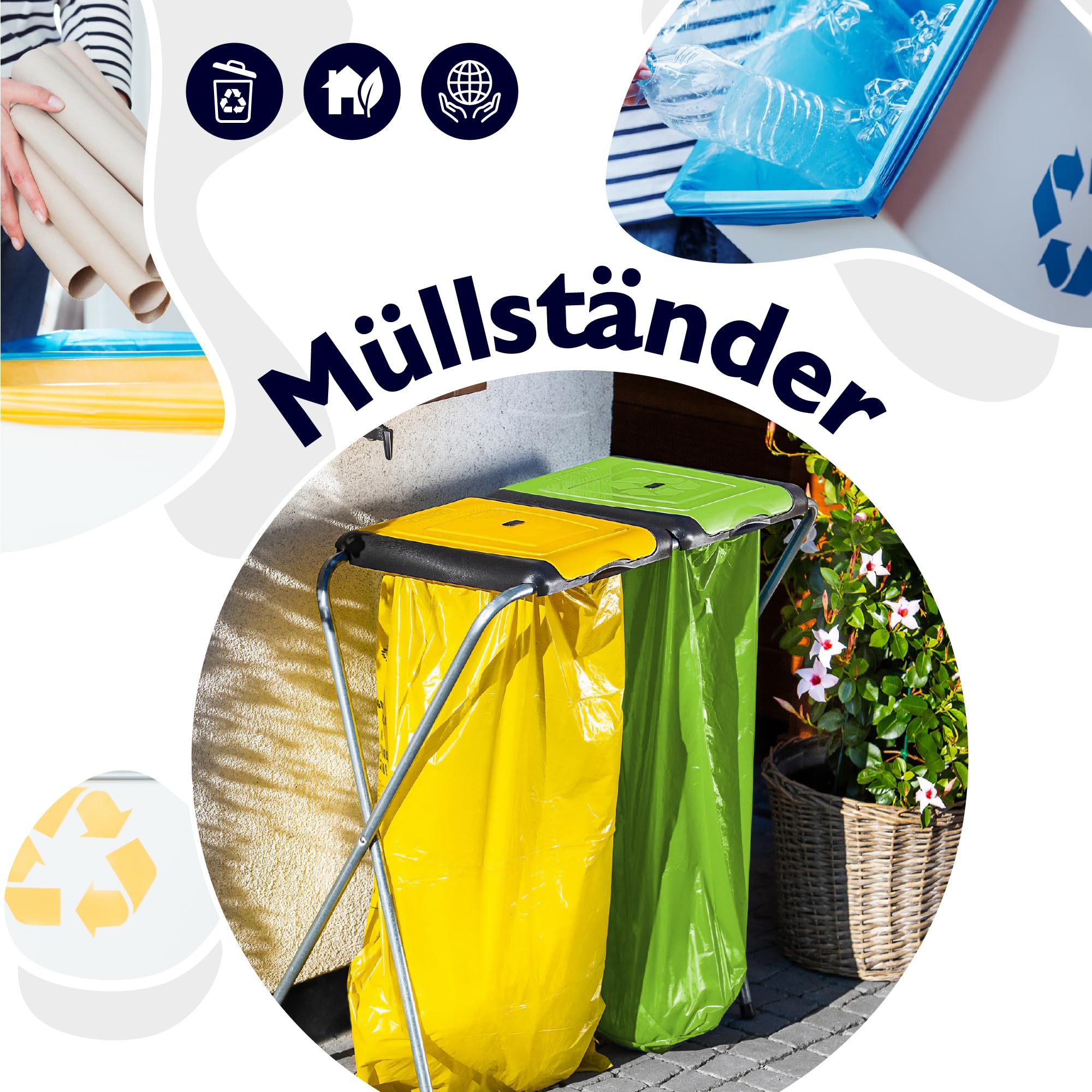 KADAX Ständer für Mülltrennung, stabiler Müllsackhalter mit Kunststoffdeckel, Müllsackständer, Abfallbehälter, Müllbeutelhalter, Müllständer (Doppelt v2)