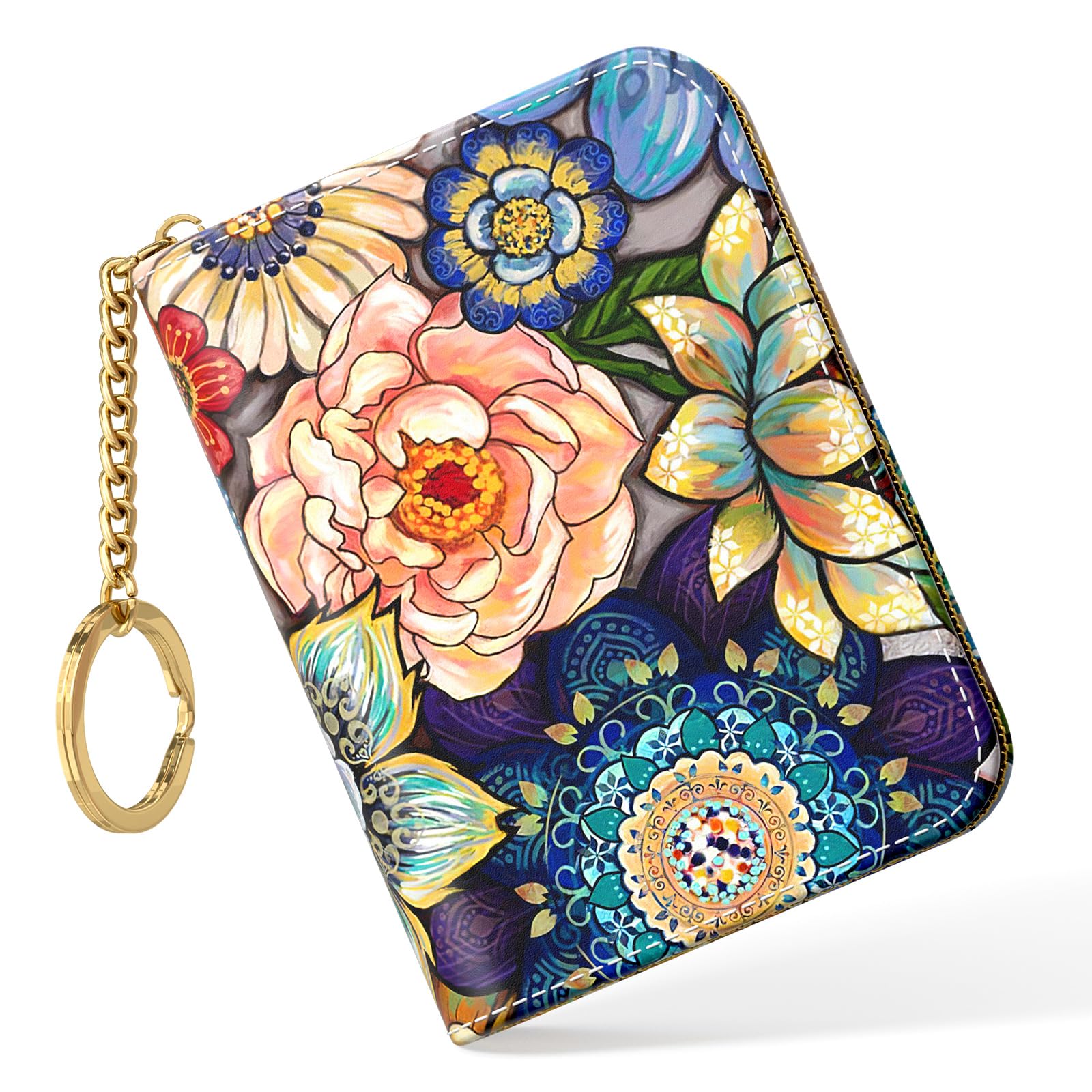 Nipichsha Women's RFID Blocking Small Leather Wallet, Mandala Flower, Slim and Compact Size, 12-Accordion Slots, Protects Privacy