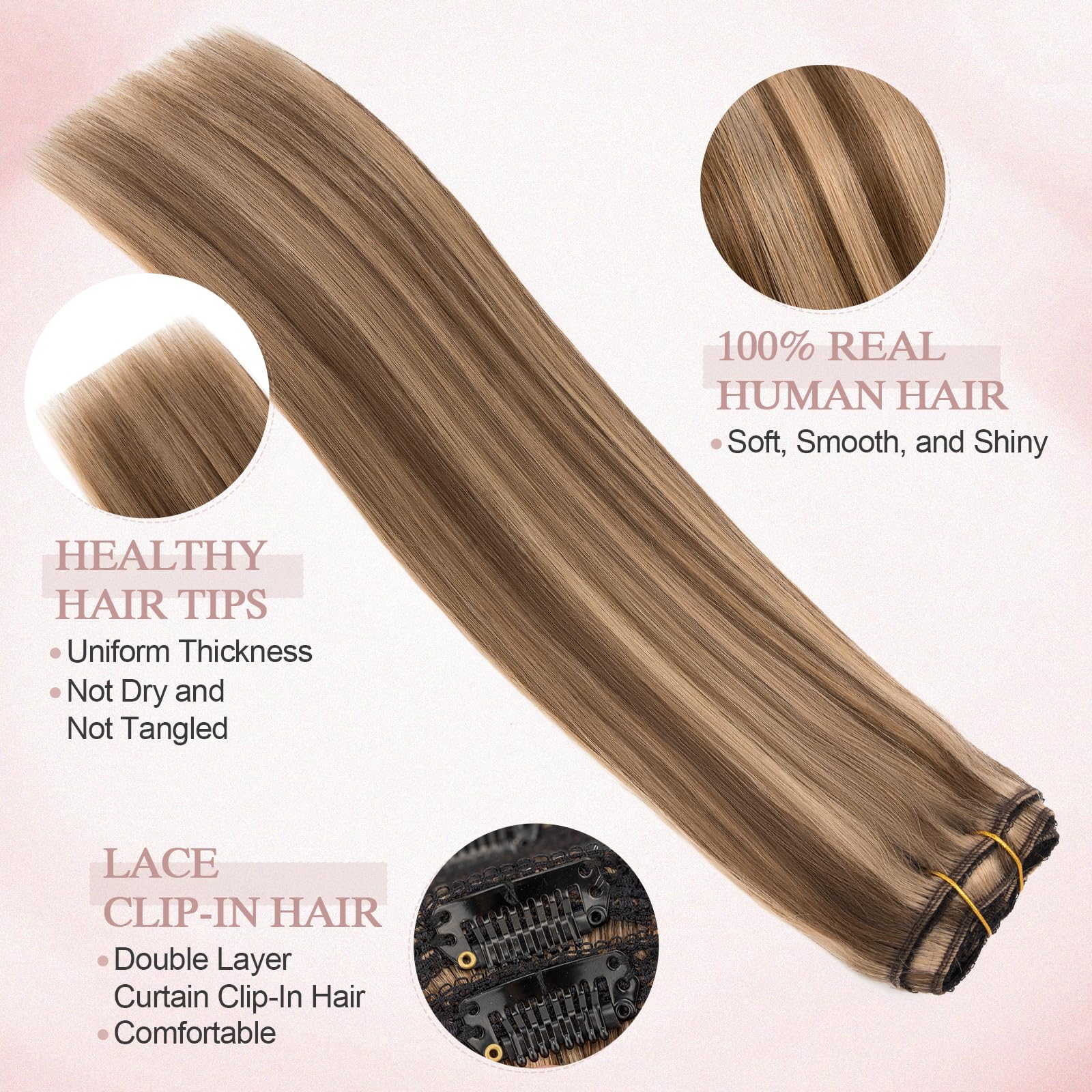 SEGOHAIR Clip in Hair Extensions Human Hair,16inch 110g 7Pcs Chocolate Brown with Strawberry Honey Blonde 100% Real Human Hair Double Weft Straight Clip in Hair Extension Seamless for Volume - Image 3
