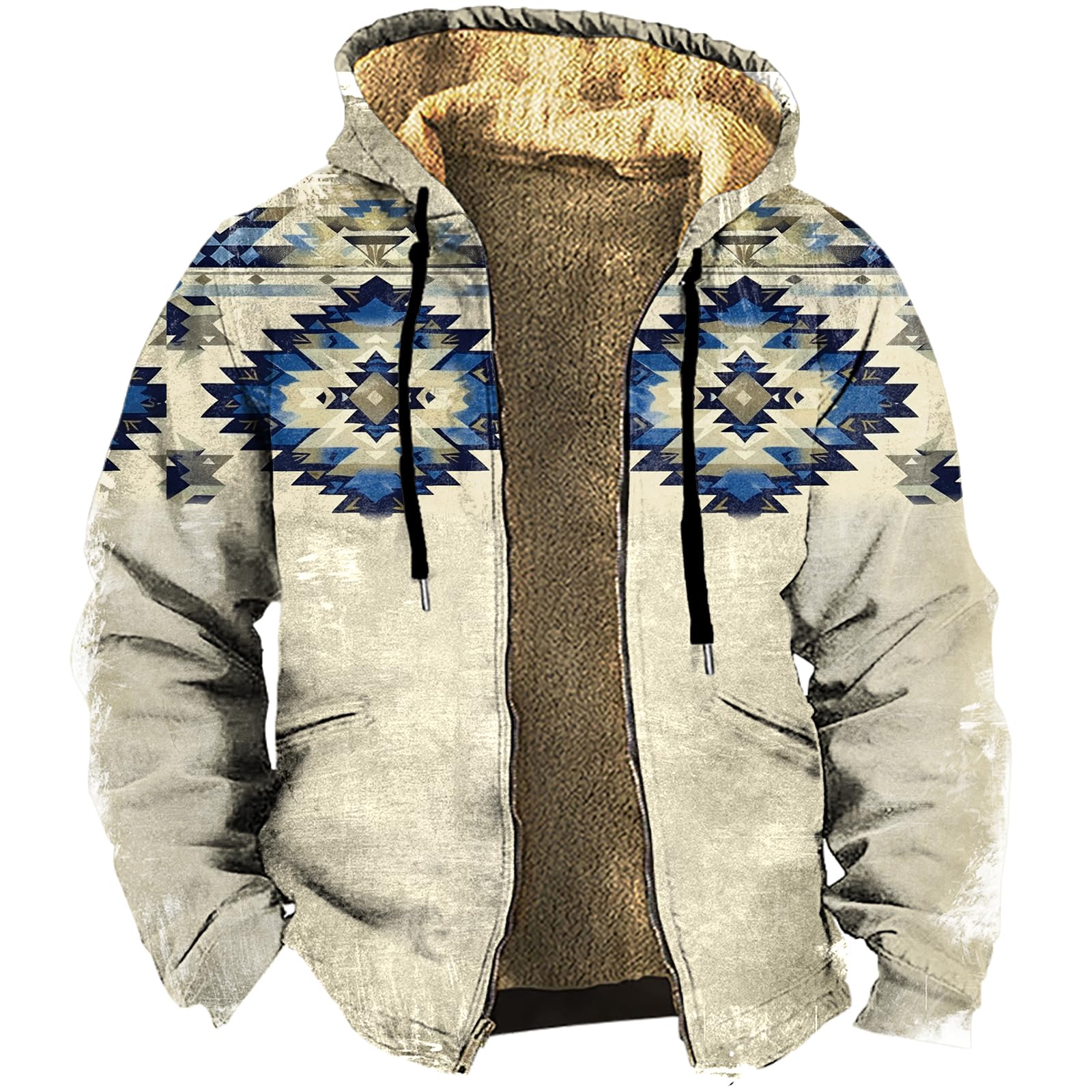 Biacolum Western Cowboy Aztec Ethnic Vintage Winter Jackets for Men Sherpa Fleece Zip Up with Hood Heavy Warm Coats