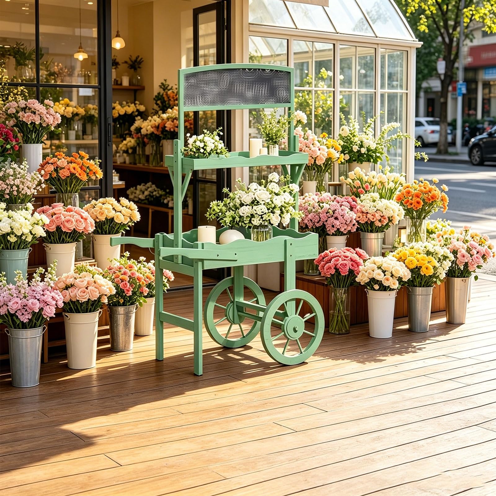 Carrello per Fiori con Ruote per Negozio Fiori Carretto per Dolciumi a Due Piani In Legno Massello con Lavagna Carretto Espositivo In Legno per Vetrine Negozi per Fiorai Cortili Giardini(White)