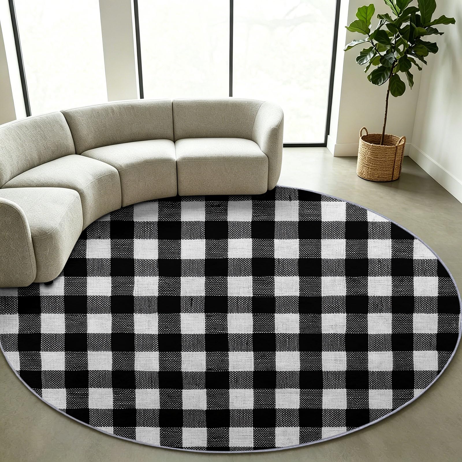 Tappeto rotondo con motivo a scacchi bianco e nero, minimalista, alla moda, 200 cm, per soggiorno, camera da letto, morbido e senza pelucchi, antiscivolo, sottile e leggero