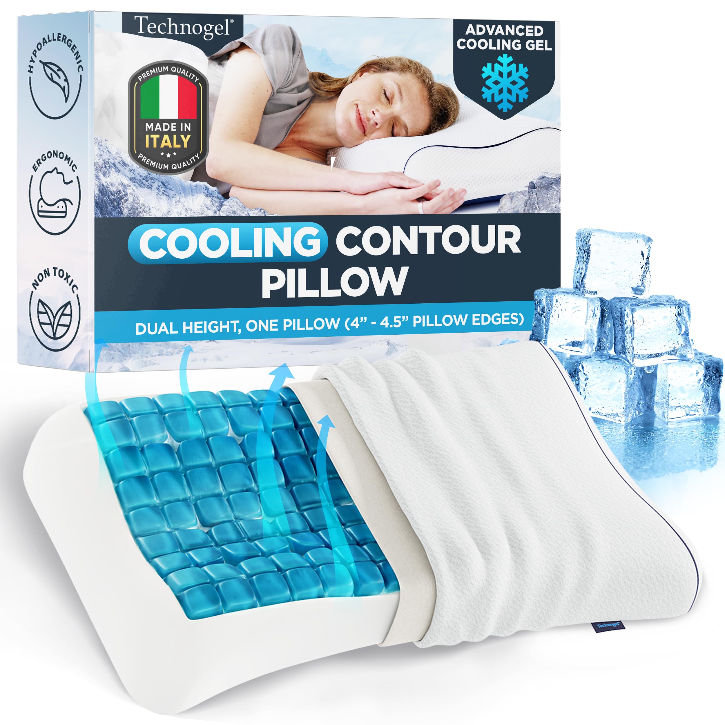 Technogel Contour Pillow with Cooling Gel – Ergonomic Neck, Shoulder and Cervical Support – Memory Foam with Temperature Regulation – for Back, Side Sleeper - Dual Heights Design, (4" & 4.5")