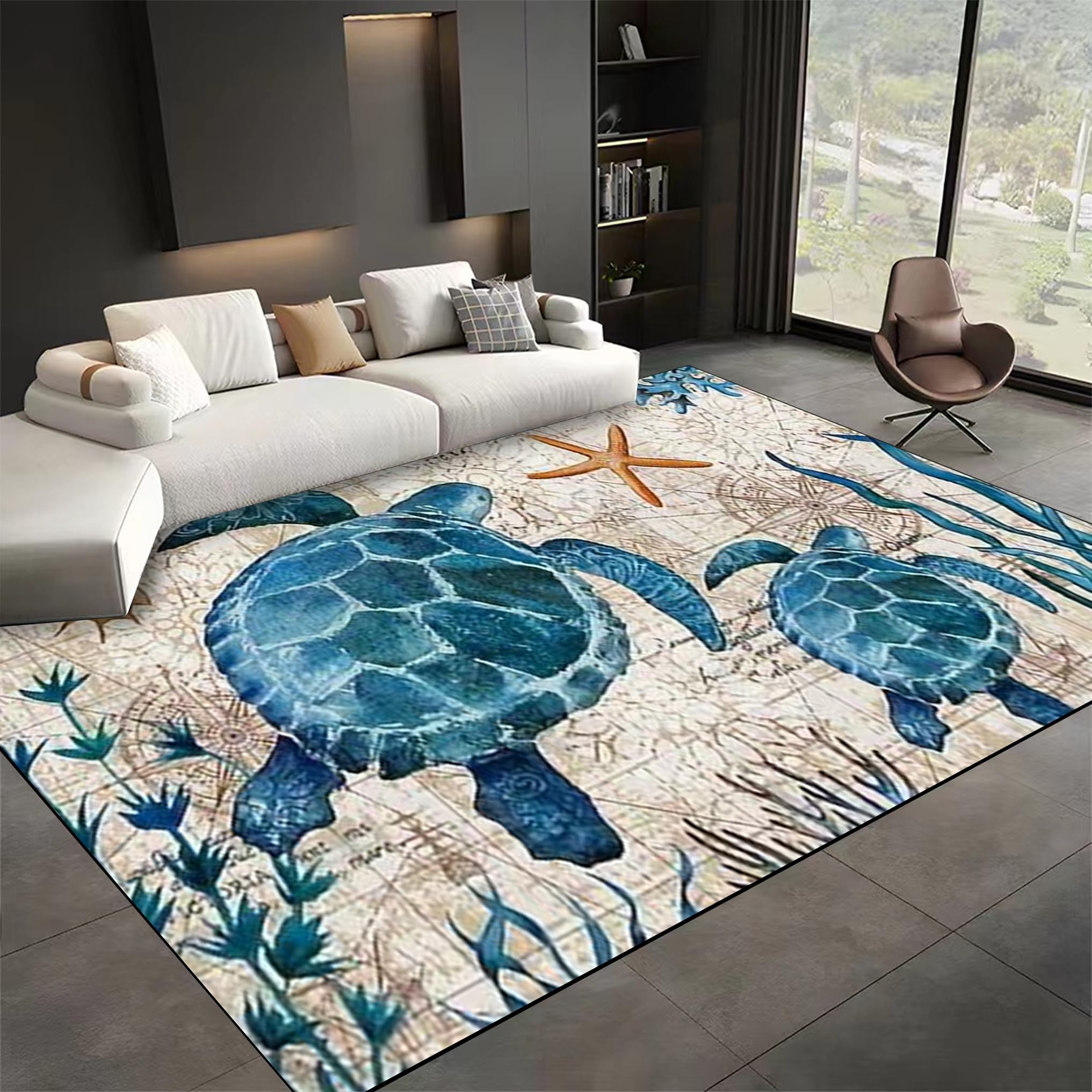 SMXVRC Sea Turtle Area Rugs, 100x150cm, Coastal Ocean Marine Animal Living Room Carpets, Starfish Compass Home Decor Mat, Fade Resistant Durable Machine Washable Area Carpet for Office Living Room