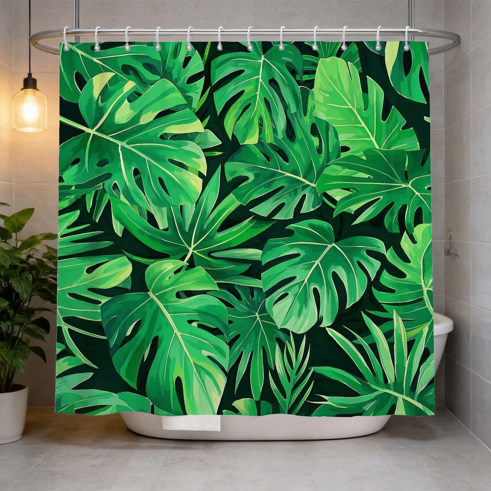 Hongduo 3D Tropical Monstera Shower Curtain for Stalls Bathtubs Leaf Bathroom Decor Shower Curtain Set Polyester Fabric Waterproof 200x200cm/79X79 Inch with Hooks