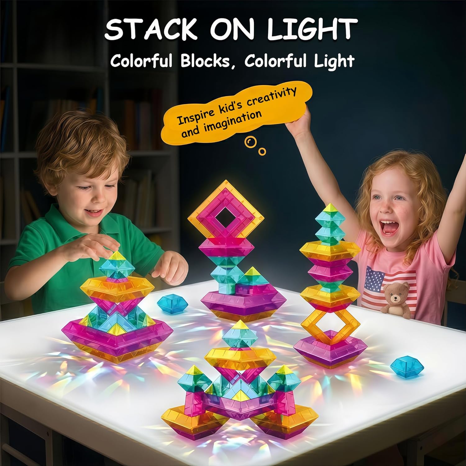 48 PCS Building Blocks Set for Kids, STEM Preschool Learning Stacking Toys for Toddlers Ages 3 4 5 6 - Pyramid Stacking Blocks with Storage Bag - Light Table Compatible